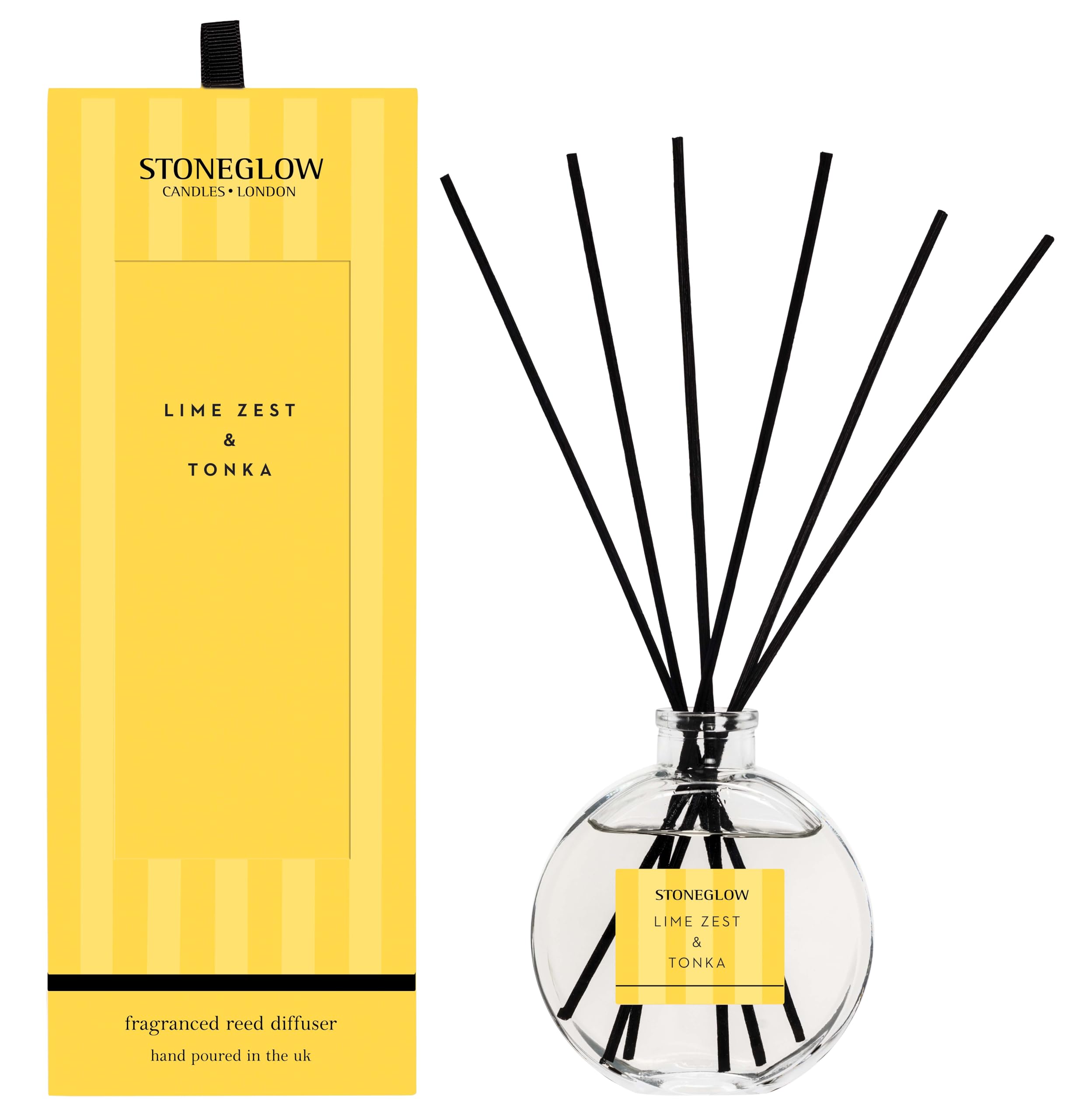 Stoneglow Modern Classics Lime Zest & Tonka Scented Reed Diffuser 120ml with Spice & Woody Notes, 12 Rattan Reed Diffuser Sticks, Lasts 10 Weeks, Refillable Home Fragrance
