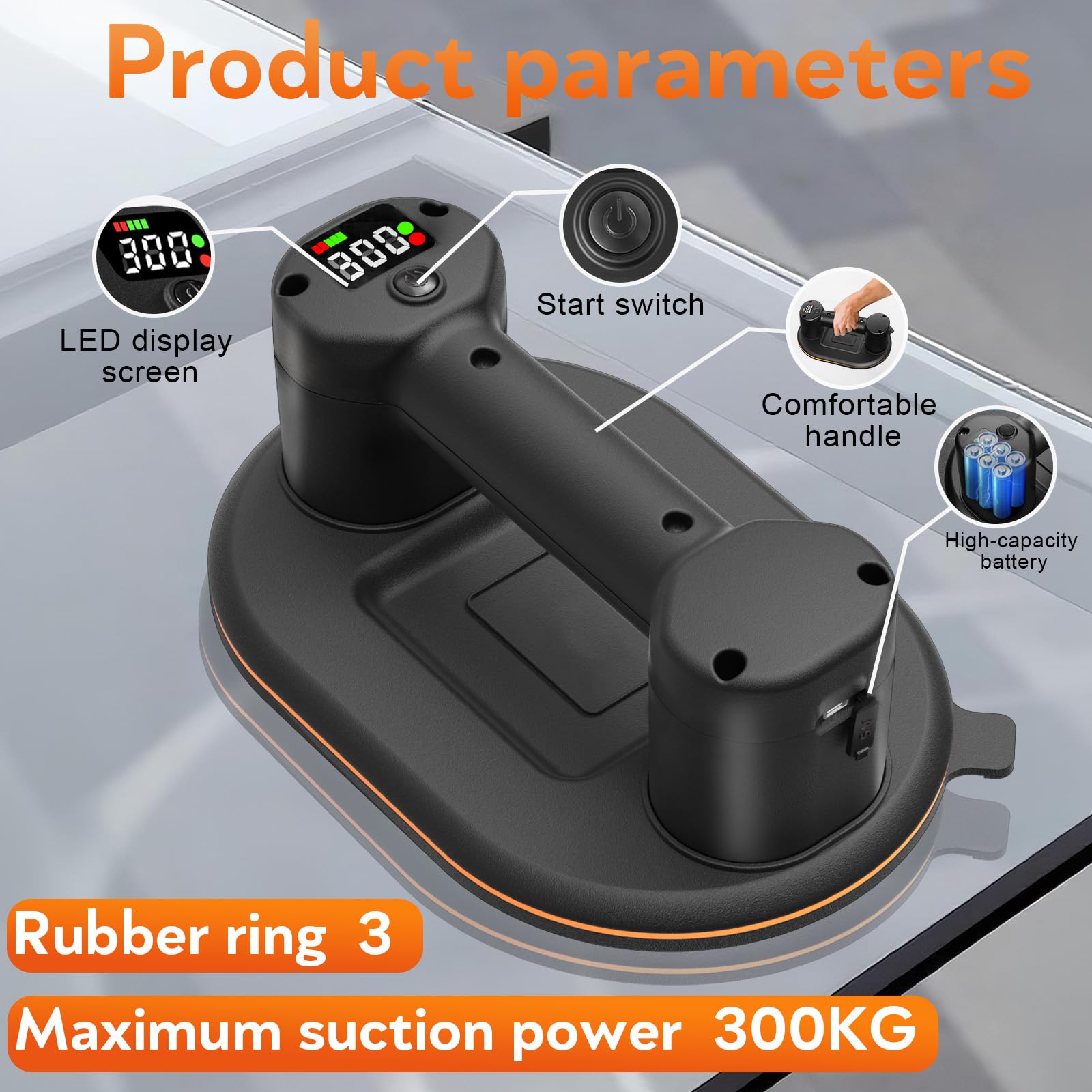 SundpeyPRO Ventosa Elettrica Per Piastrelle E Vetro – 2 Pezzi, Carico 300 Kg, Con 4 Batterie 3.0Ah, Display LCD, Per Sollevare Granito, Marmo, Superfici Lisce