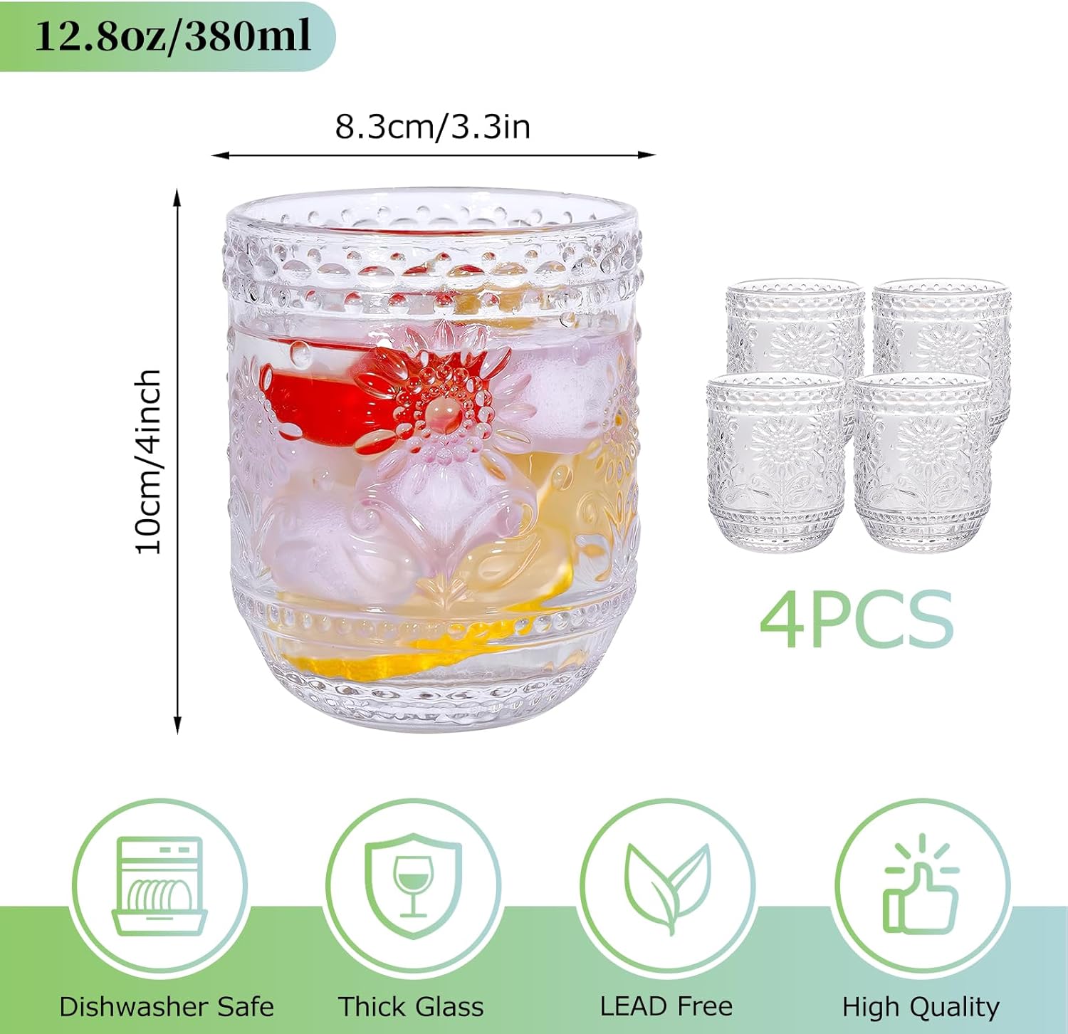 Flower Wine Glasses, Set of 4 Vintage 12oz Glass Cups with Sunflower Design, Embossed Floral Tumblers for Cocktail, Beer, Whiskey, Juice, Water - Clear