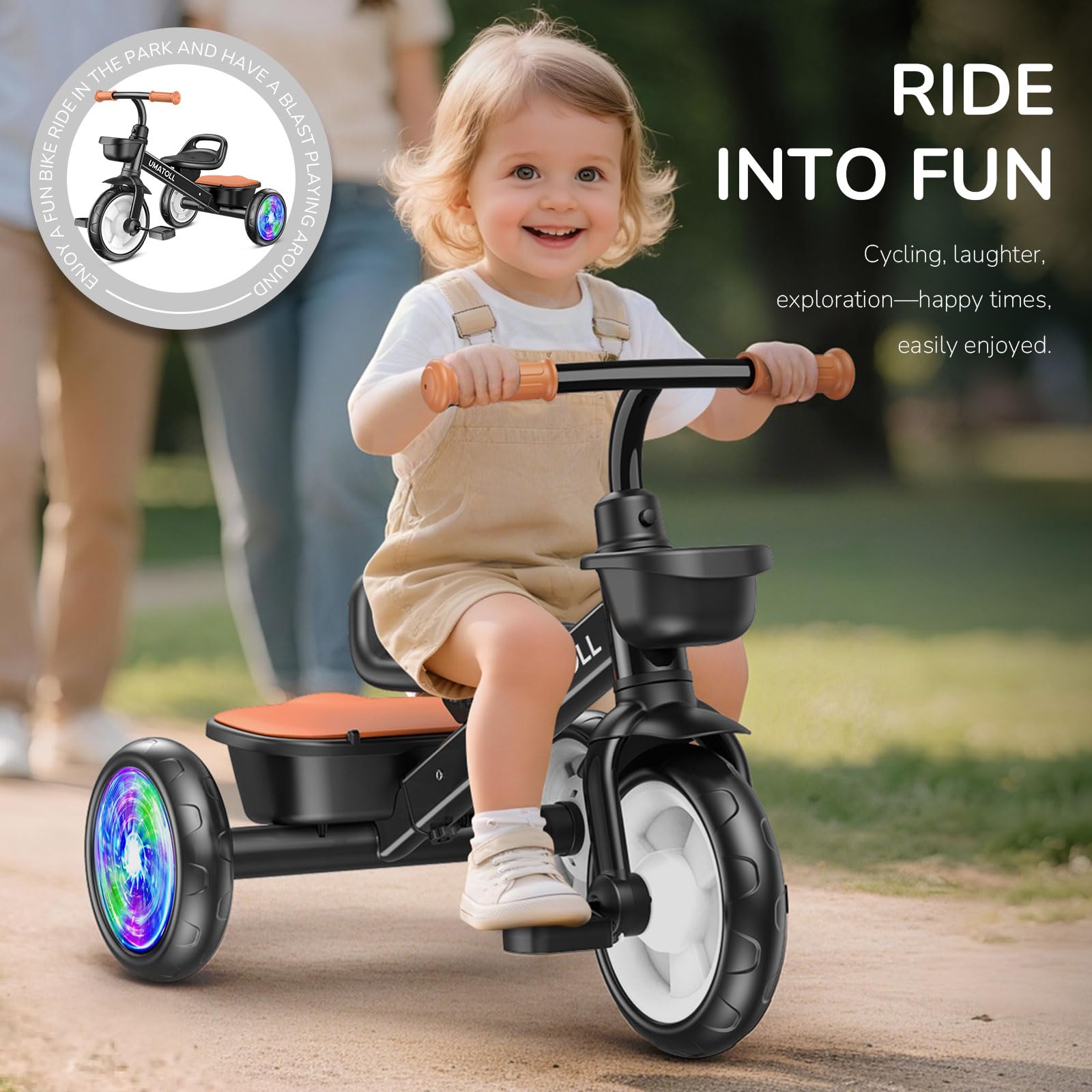 Umatoll Tricycle for Toddlers 2-5 Year Old, Ajustable Toddler Bike Outdoor Toys, Birthday Gift for Boy Age 2-4, Trike with Light up Wheels