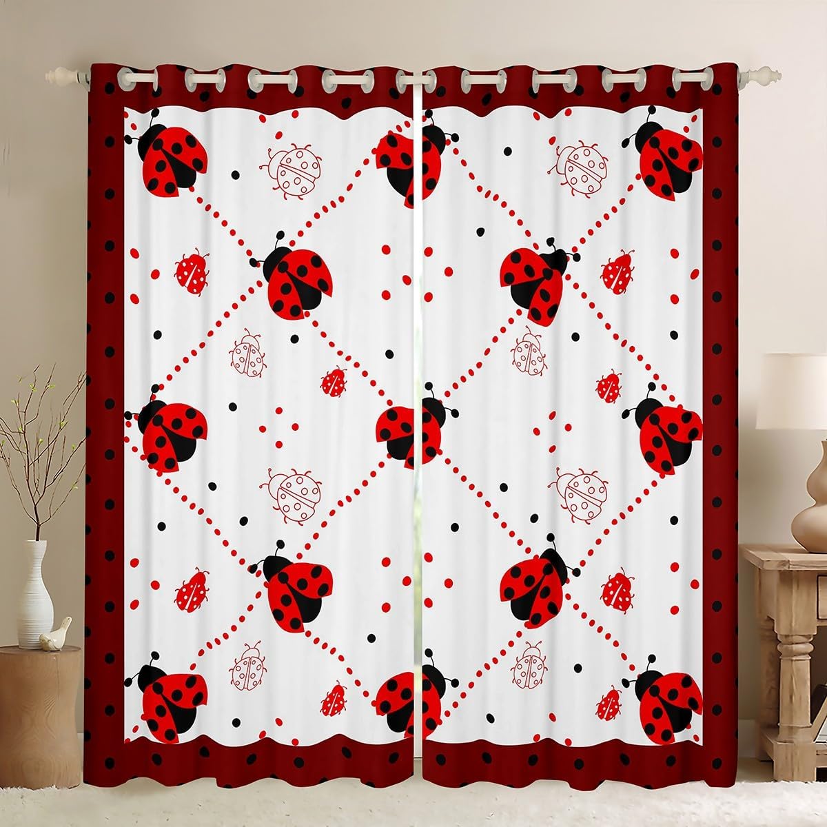 Castle Fairy Cute Ladybug Window Curtains,Red Black Dots Lines Plaid Kitchen Window Treatments,Kawaii Wild Animal Ladybugs Blackout Window Drapes for Home Decor, 2 Panels, 42Wx63L inch