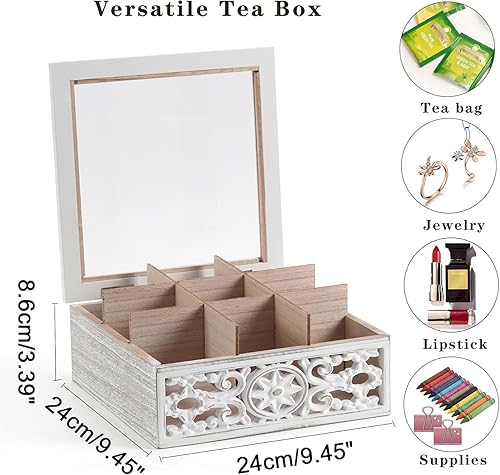 Miniatura 3 de Tea Bag Organizer Wooden Tea Box for Tea Bags, Tea Organizer 9 Compartments Tea Chest Storage Box with Clear Lid, Tea Bag Holder Tea Caddy for Tea