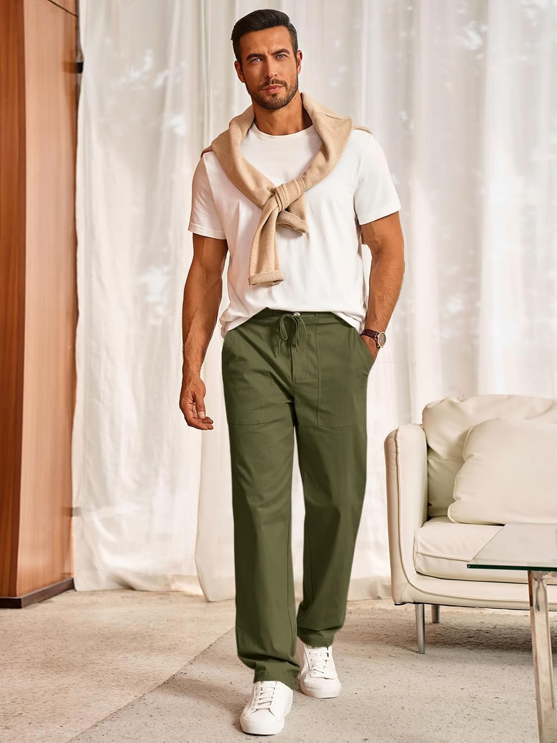 Runcati Mens Casual Linen Pants Drawstring Elastic Waist Trousers Lightweight Loose Fit Beach Pants - Image 4