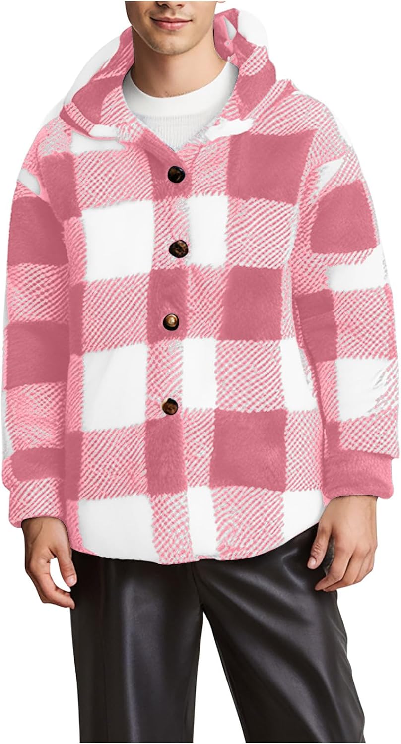 Mens Hoodie Sweatshirt Fuzzy Fleece Gingham Coat Button Down Fall Hoodie Sweatshirts Fashion Clothes Winter Jacket