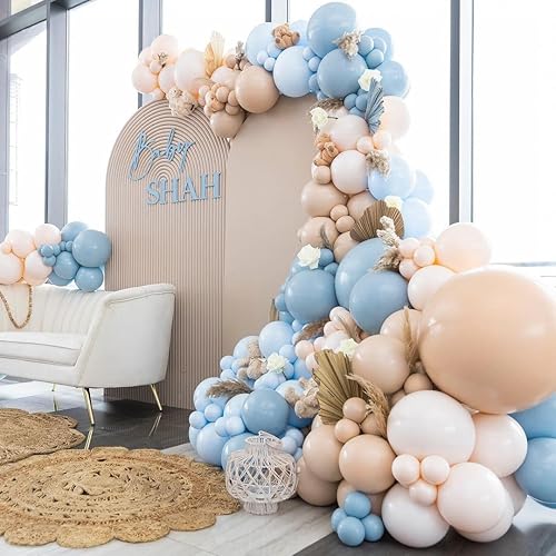 Miniatura 5 de Kit de arco de 175 globos de color azul polvoriento para bebé, globos beige neutro, globo de doble relleno nude, bronceado, azul claro, albaricoque,