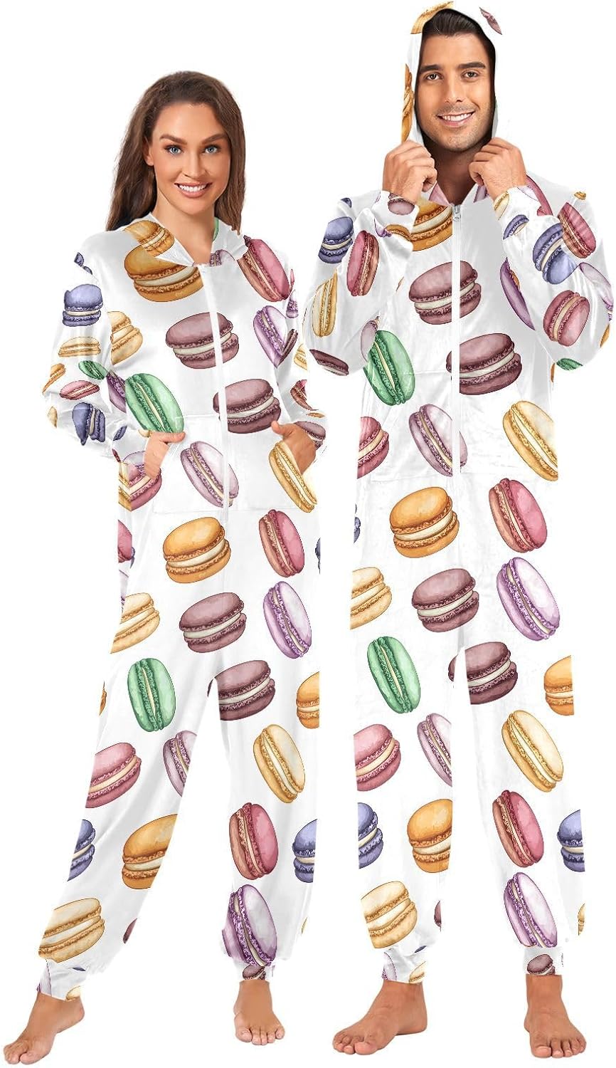 Macaroon Cookies White Adult Onesie Pajamas Novelty One Piece Costume Sleepwear Jumpsuits Matching PJS