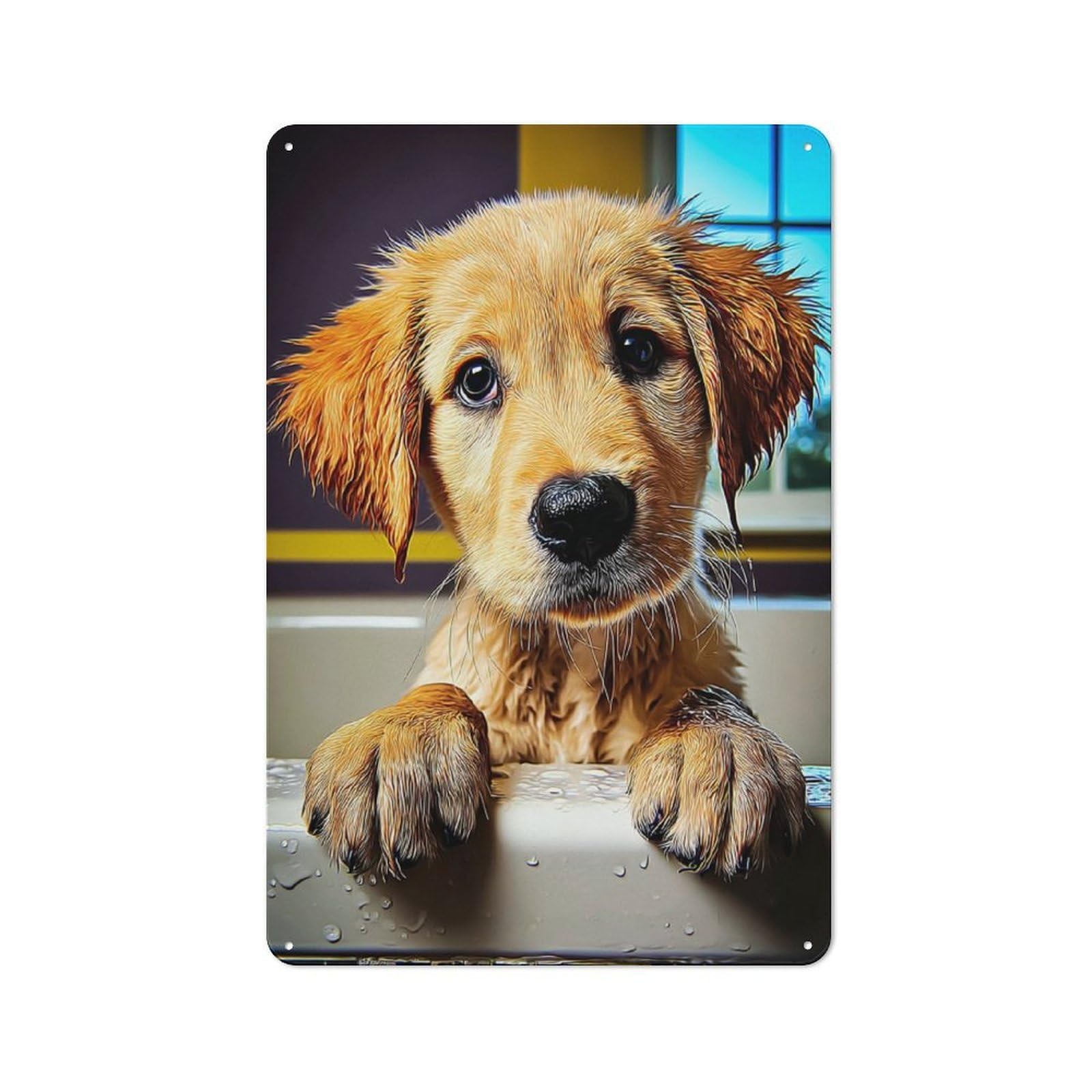 Junmoney Golden Retriever Puppy Bath Time-1 Retro Metal Wall Sign 30X20cm For Hobby Room Or Studio, For Garage, Workshop And Man Cave Decoration