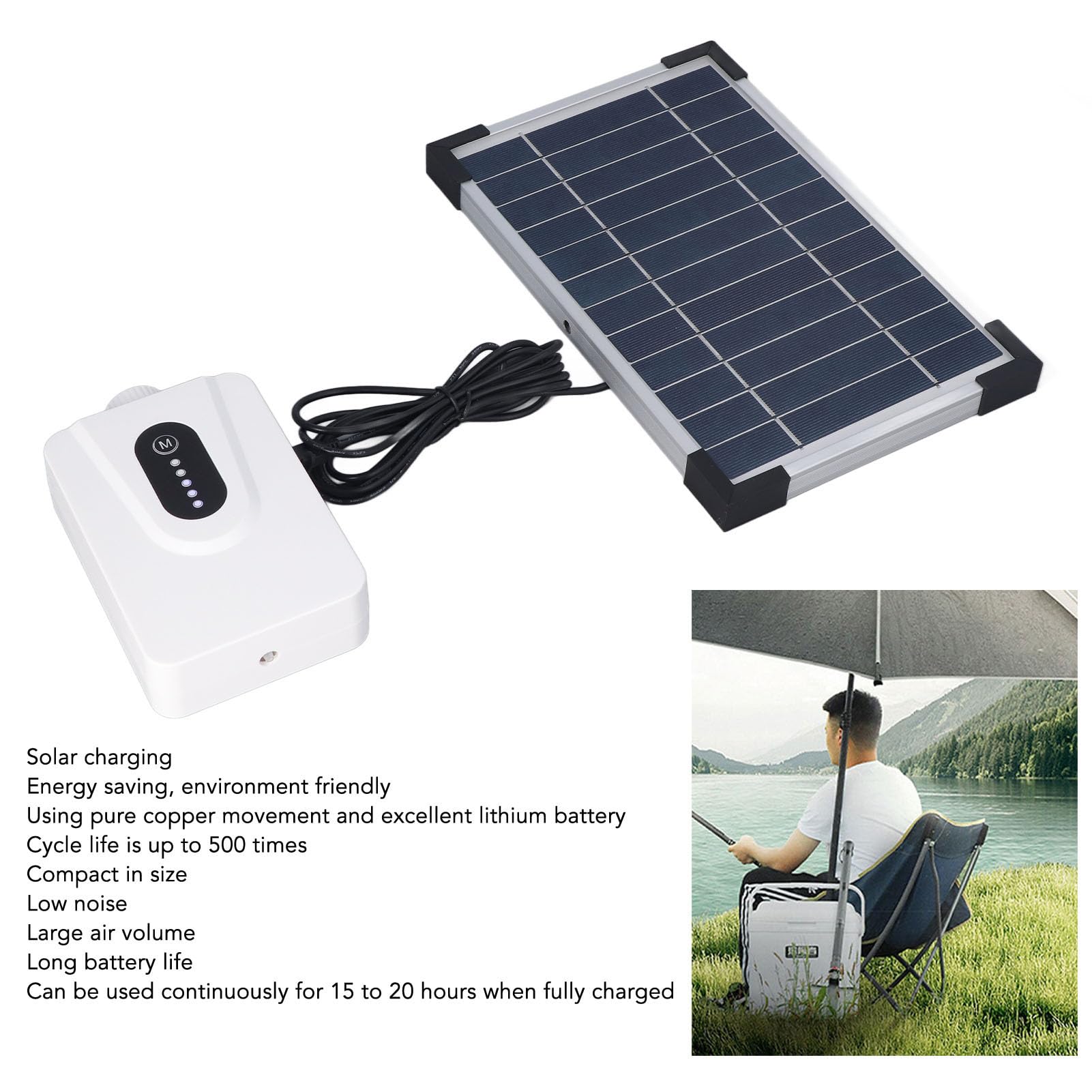 Bomba de aire solar para acuario, aireador de oxígeno ajustable, bajo nivel de ruido con panel solar batería recargable para peceras, pesca al aire libre
