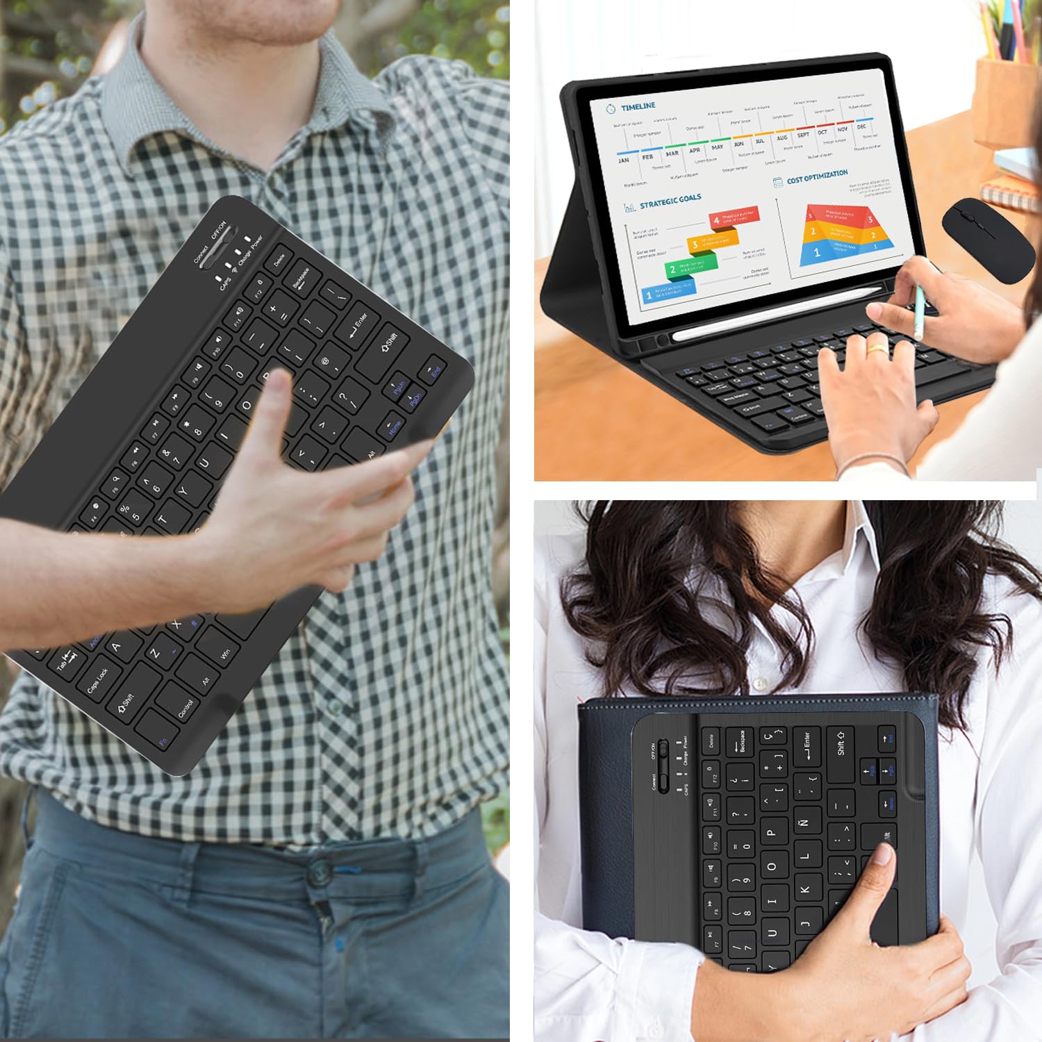 Teclado y Ratón Inalámbrico Bluetooth, 10” Español Ñ Teclado y Ratón Recargables Silenciosos y Portátiles para iPad Pro/iPad Air/Samsung/Huawei/Honor/Xiaomi/Tablet/iOS/Android/Windows