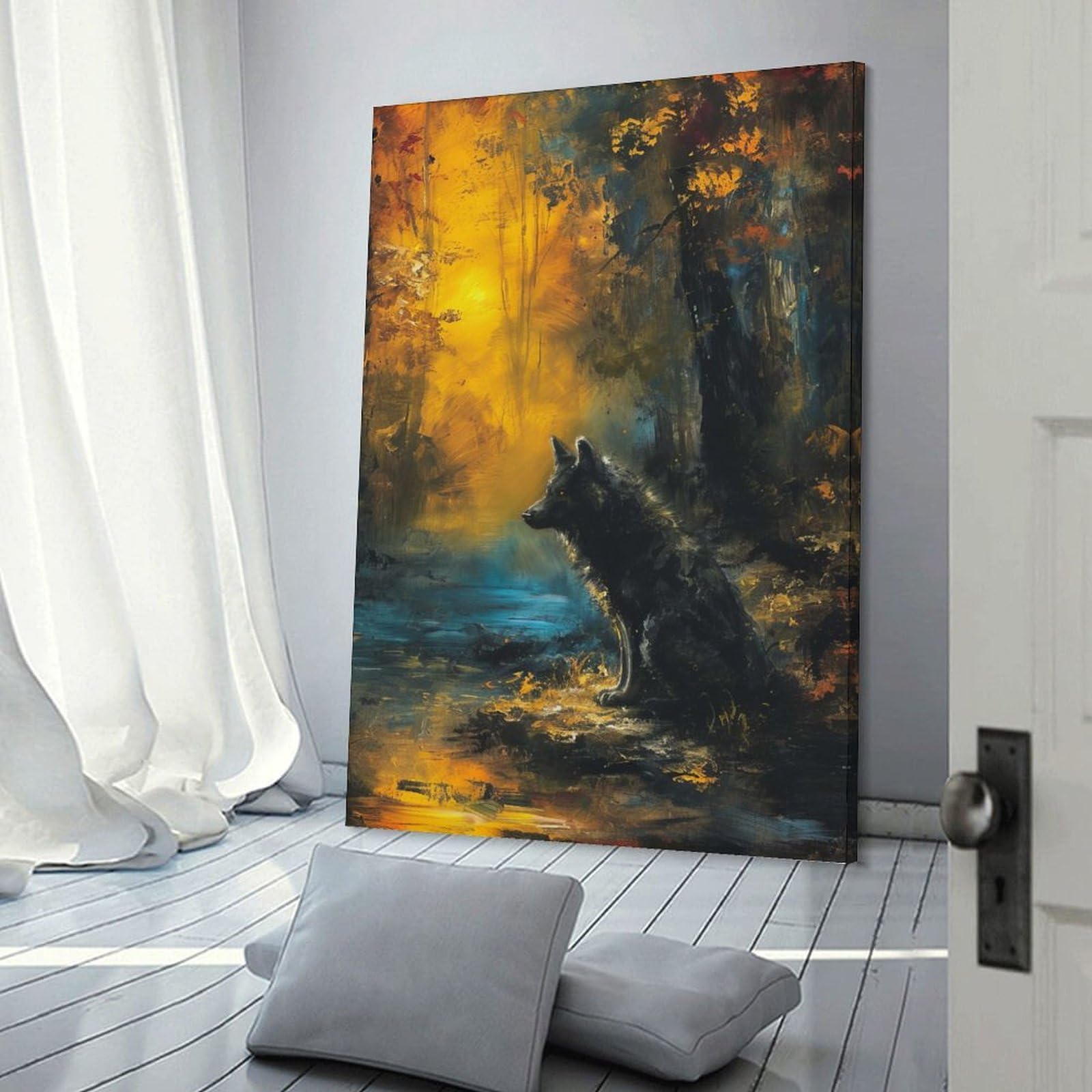 Junmoney Frame-Style-14 Wolf In Autumn Forest Painting Canvas Wall Decor, 20X30inch(50X75cm), For Wall Displays, Bedrooms Or Room Updates, Wall Decor Suited To Curated Displays