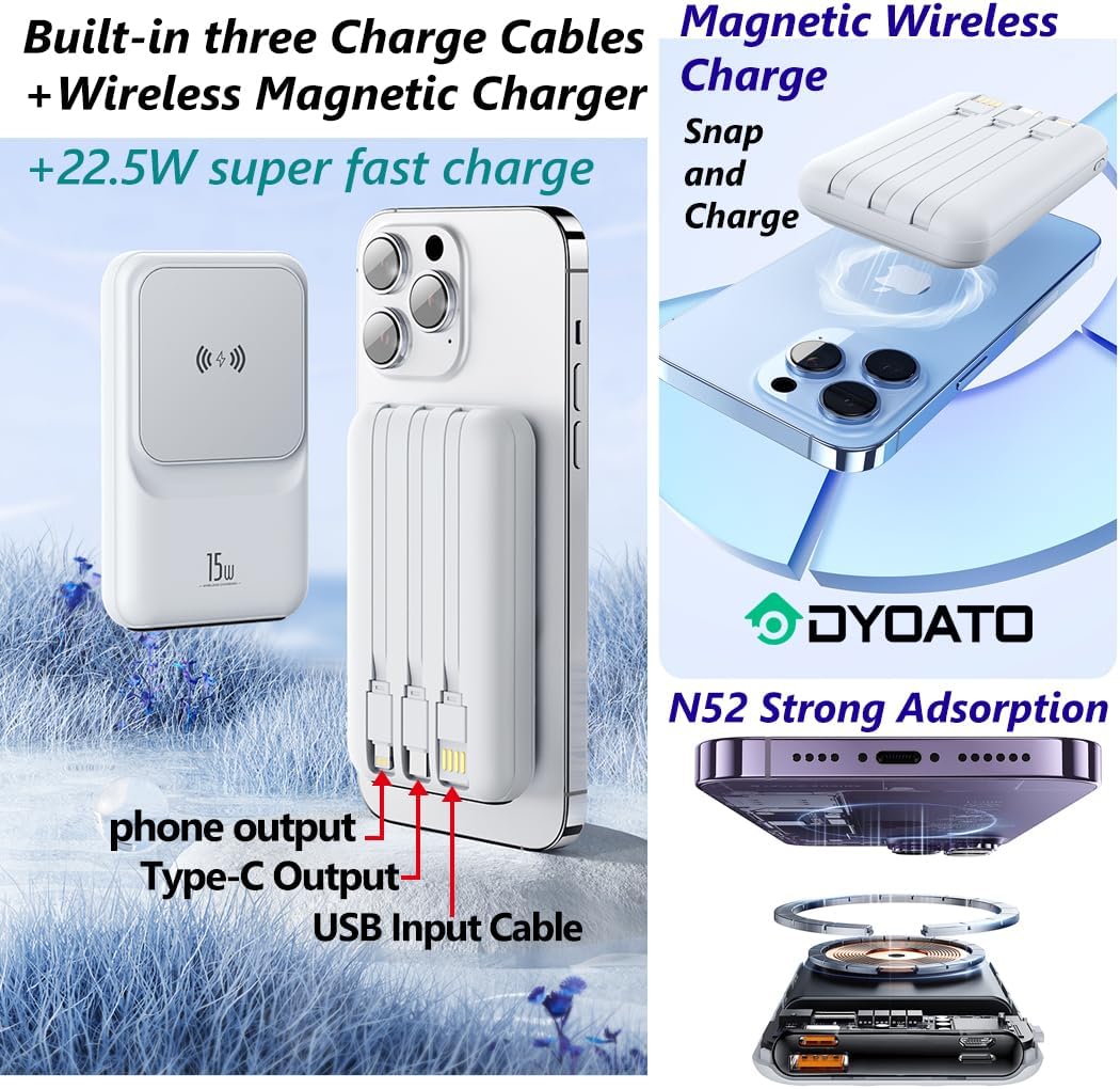 Mini Magnetic Wireless Power Bank,Portable 10000 mAh Charger Built in 3 Cables,Slim Fast Charging Power Bank for Cell Phones(White)