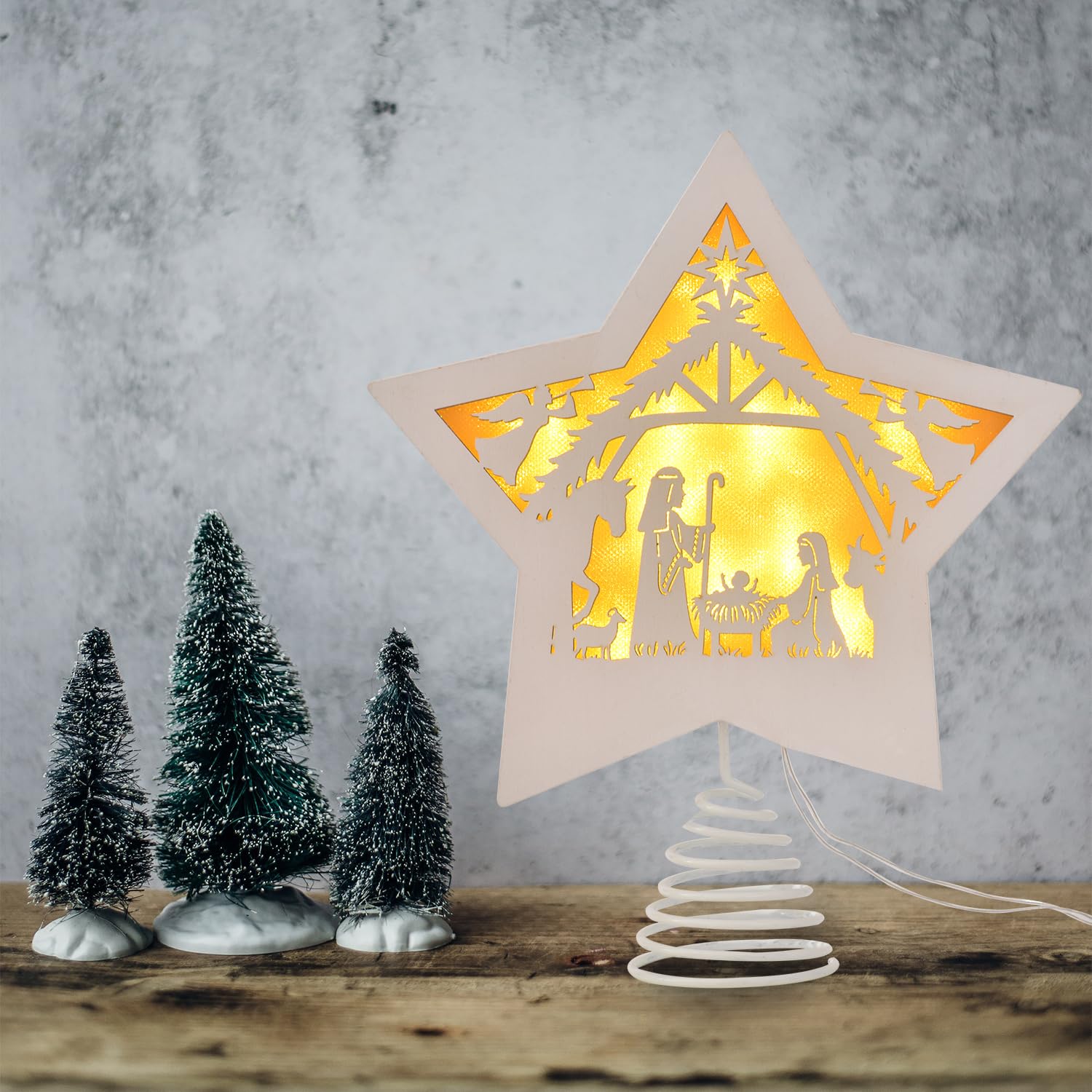 GHOSTMAGIC Étoile pour cime de sapin de Noël - 20 x 23,5 cm - Étoile en bois avec 3 modes d'éclairage LED - Décoration pour Noël, bar, boutique, bureau, décoration d'intérieur (blanc)