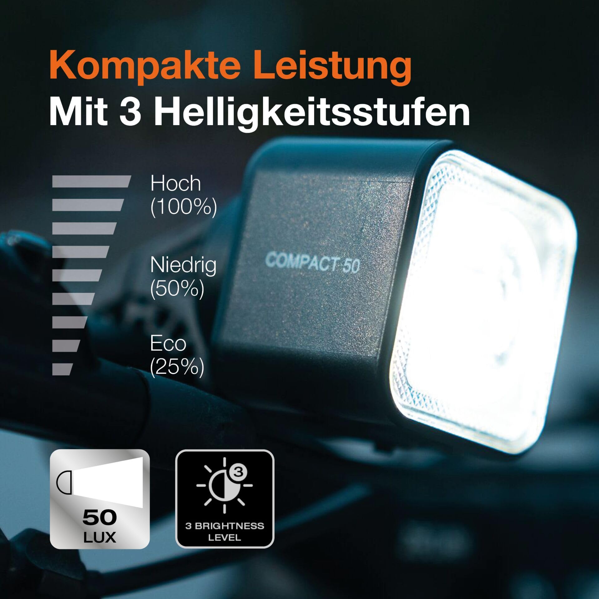 OSRAM LEDsBIKE COMPACT 50 Set, wiederaufladbares Fahrradlicht-Set – Vorder- und Rücklicht, StVZO-geprüft, Garmin-kompatible Halterun, DREI Beleuchtungsmodi, 50 Lux