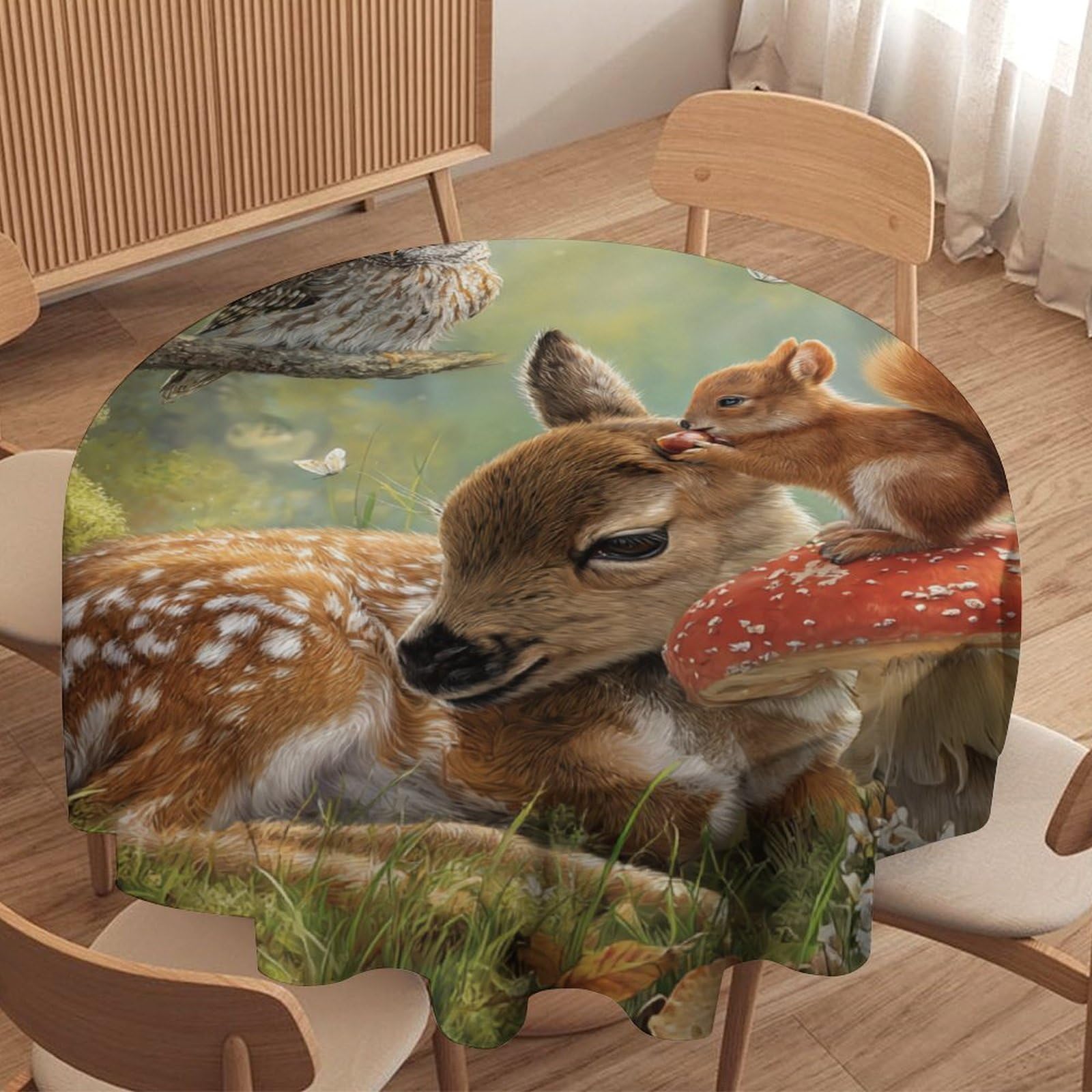 LUYYSKY Funny Vintage Deer Waterproof Round Tablecloth Anime Watercolor Autumn Animal Elk Squirrel Owl Mushroom Flowers Washable Table Cover for Kitchen-127 Wx127 L cm