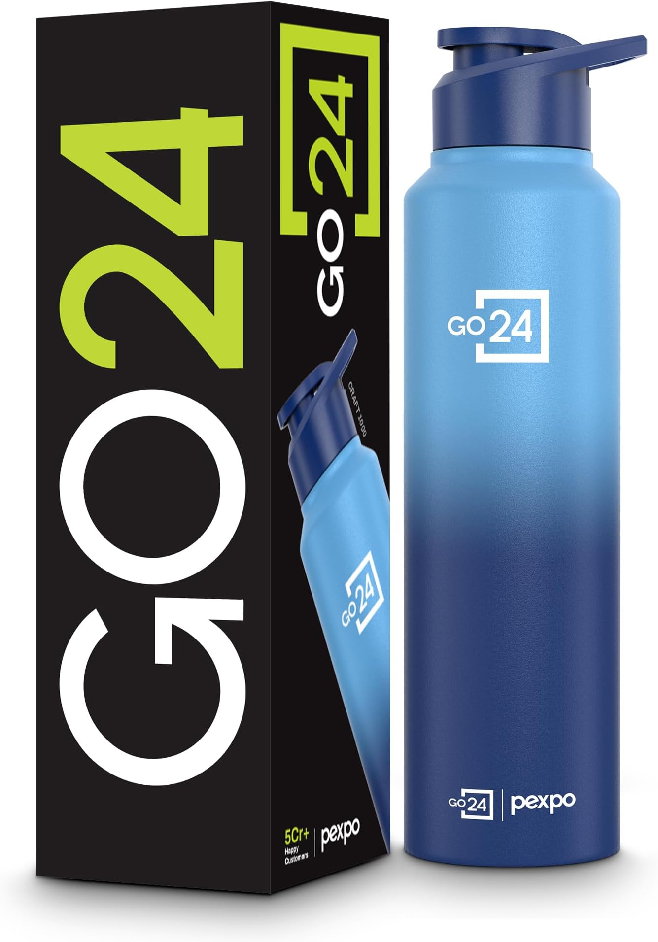 Water Bottle 1 ltr Go24 Stainless Steel Sports/Fridge Bottle with Sipper Cap | Single Wall | For Home, Office, Gym, Travelling | Lightweight | BPA Free | Craft Pro 950ml | Blue-Denim Blue Ombre