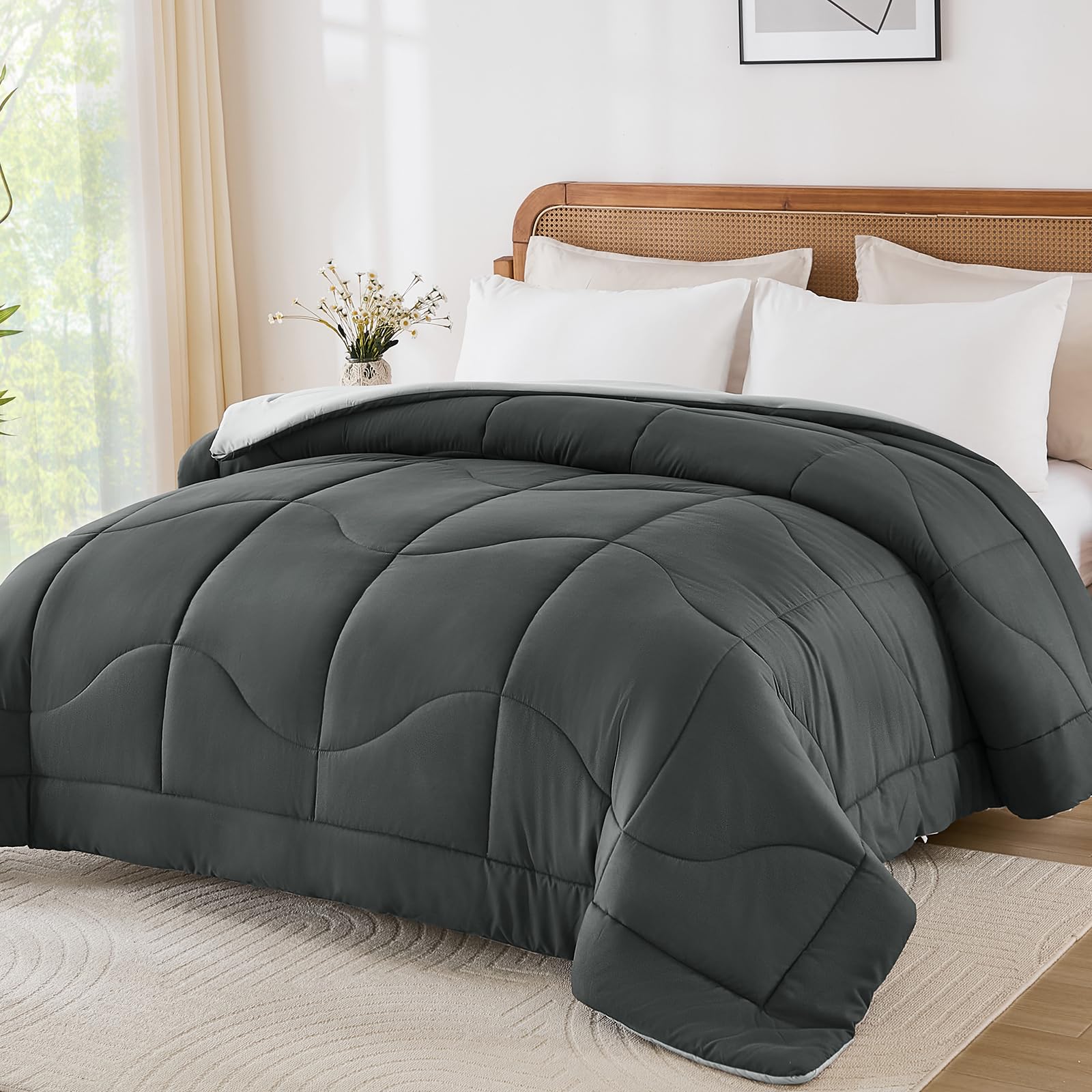 Guchuang Bedding Coverless Duvet Double Size 10.5 Tog-Reversible Comforter for All Seasons-Lightweight Down Alternative Comforter (Dark Grey/Light Grey,Double) — image 1