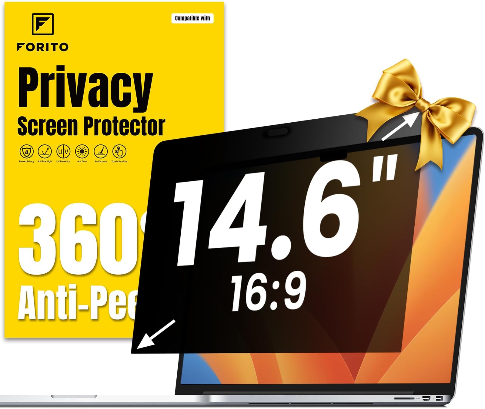 F FORITO 14 Inch 16:9 Laptop Privacy Screen Protector, 360° Anti Peeping and Anti Glare Laptop Privacy Shield Compatible with 14" HP/Acer/Lenovo/Dell/ASUS Laptops
