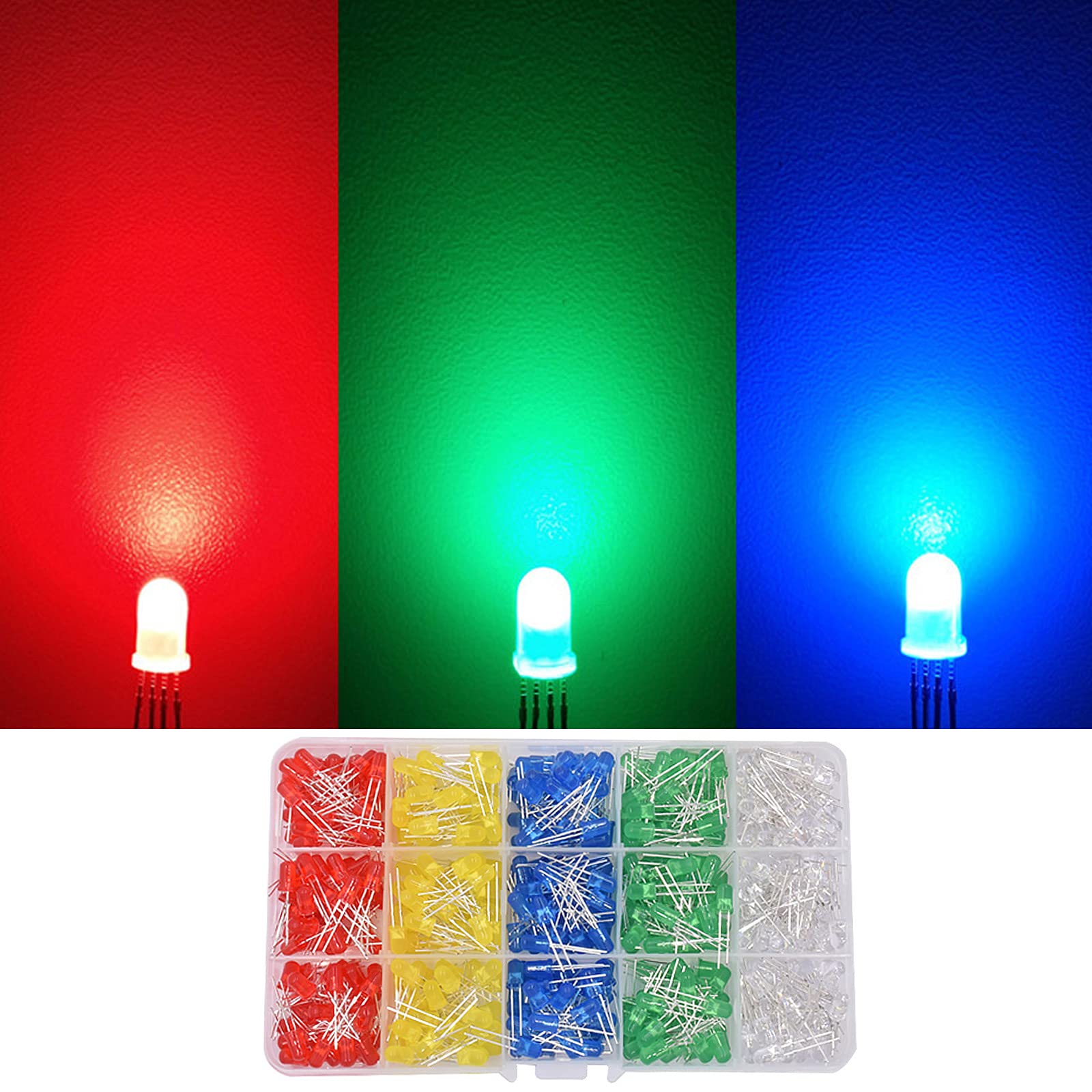 Adeept 500-Piece LED Diode Kit - Assorted 5 Colors, 3mm & 5mm Round - With Storage Box For DIY Projects