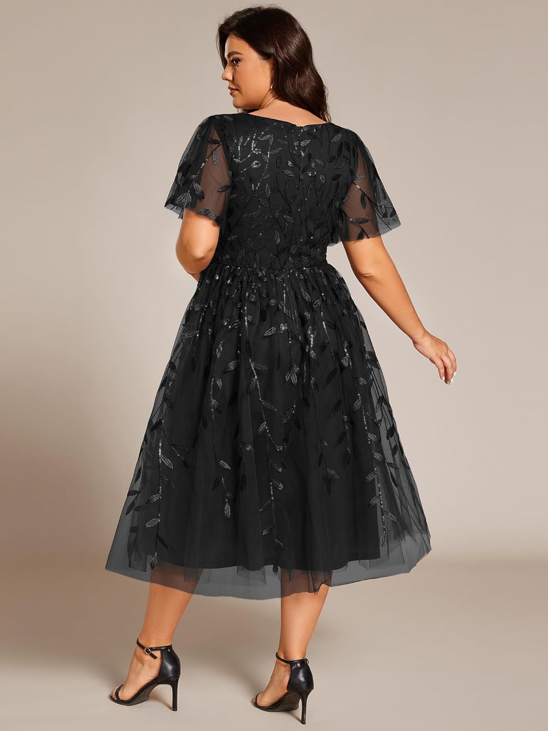 Ever-Pretty Women's Sequin Plus Size Cocktail Party Dress A-Line Midi Tulle Wedding Guest Dresses for Curvy Women - Image 2