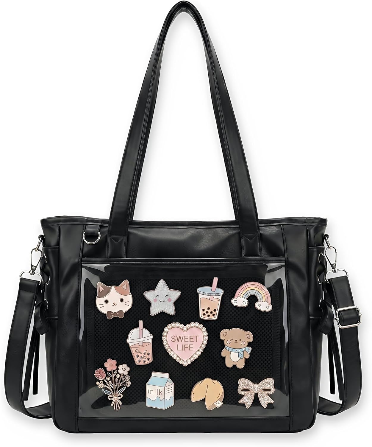 Large Ita Bag Crossbody Tote with Clear Window & Insert, Kawaii Pin Display Purse with Lace-up Bows, PU Leather Messenger Bag for Anime Cosplay & Kpop Fans