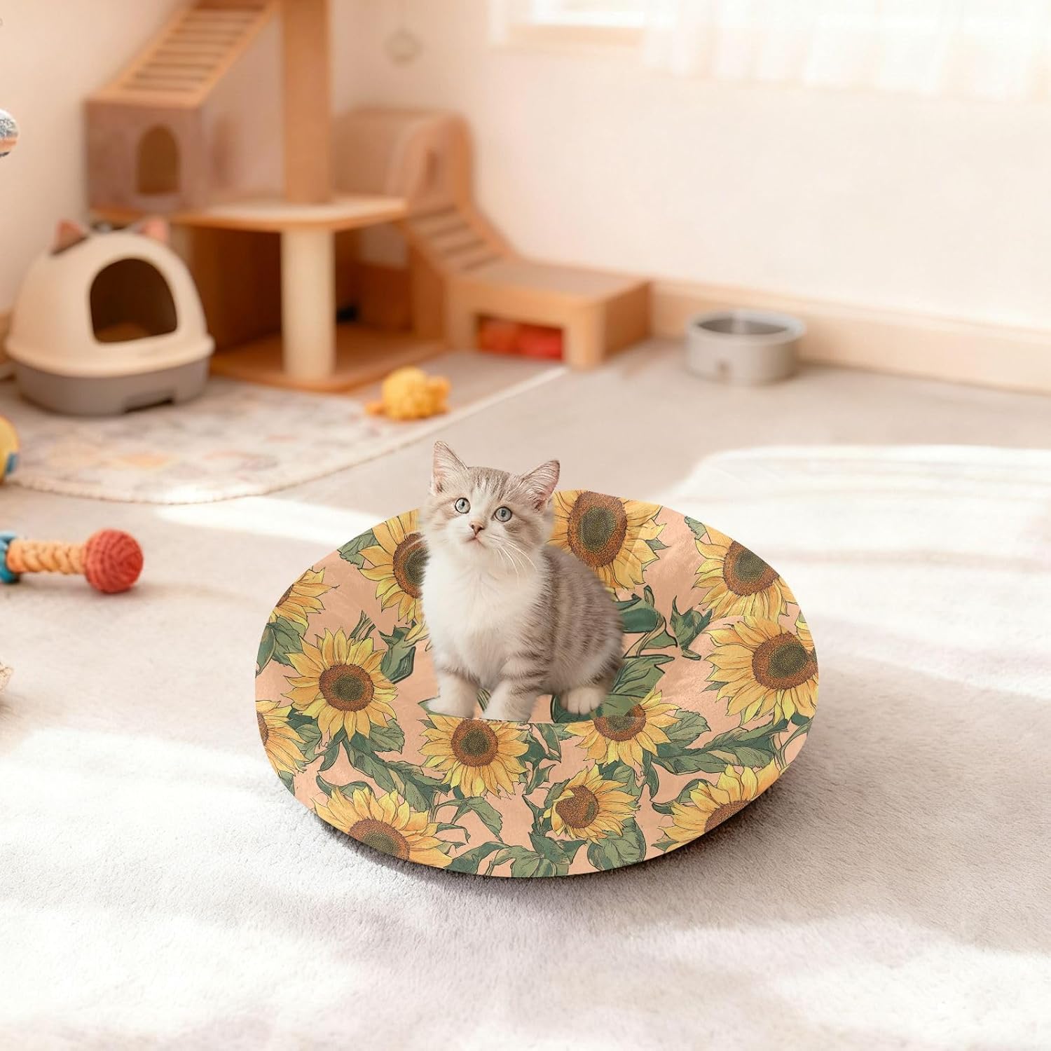 Wudan Pet Cat Bed Warm & Soft Fluffy Dog Pillow Bed for Small Size Pets Sleeping M Safaris Sunflower Peach