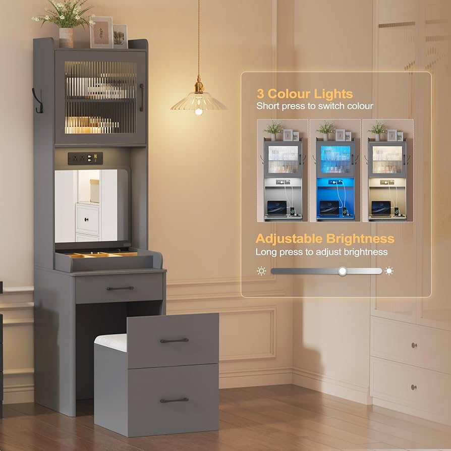 Compact Vanity Desk Set With Flip Top Mirror, LED Light, Makeup Vanity Table With Drawers For Small Space, Hidden Mini Vanity Dressing Table With Removable Upholstered Stool, Bedroom,White