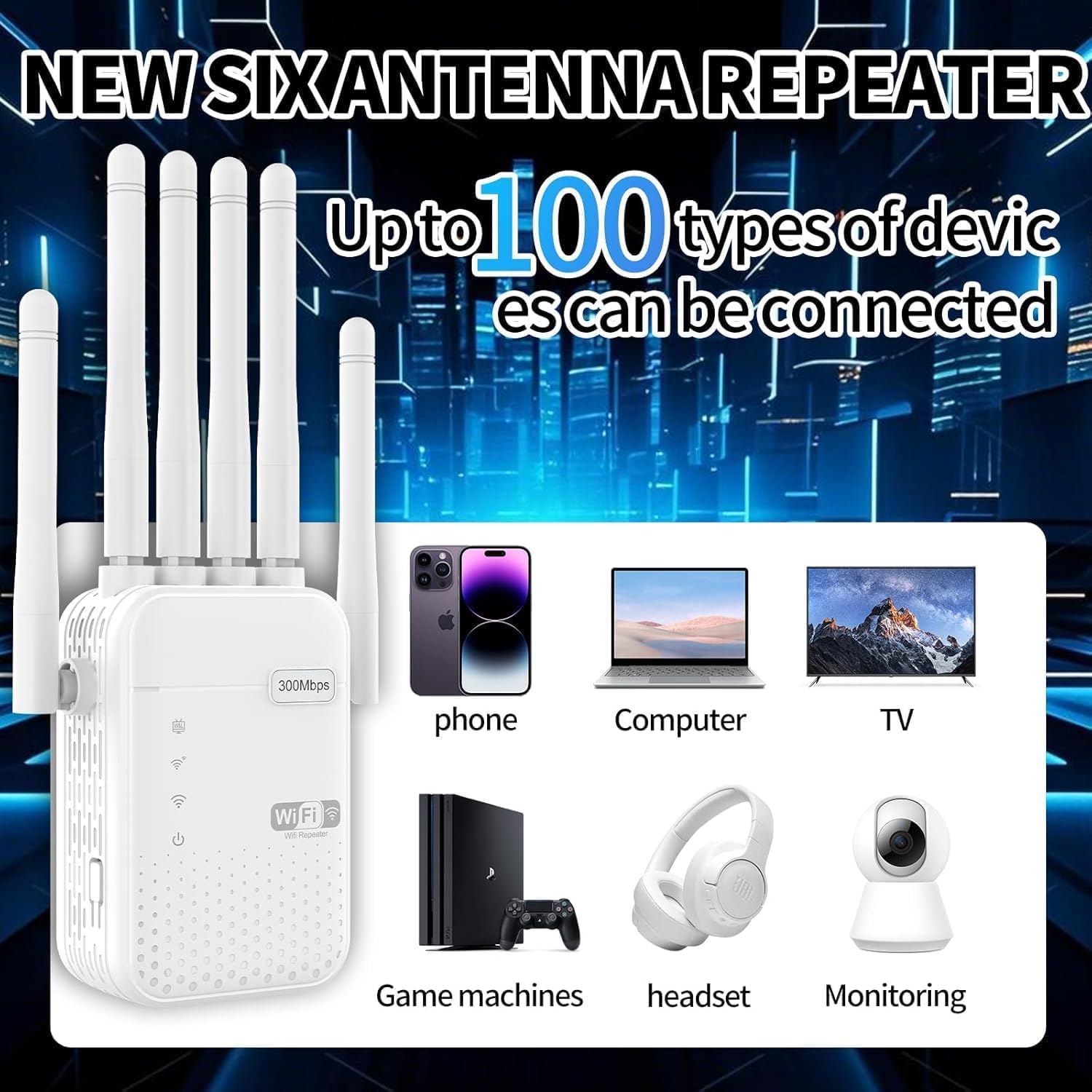 Amplificateur WiFi Puissant 1200Mbps Double Bande 5G/2.4GHz, Extension WiFi avec 6 Antennes, 2 Ports LAN Mode AP, Amplificateur Signal Longue Portée, Facile à Installer pour Maison et Bureau
