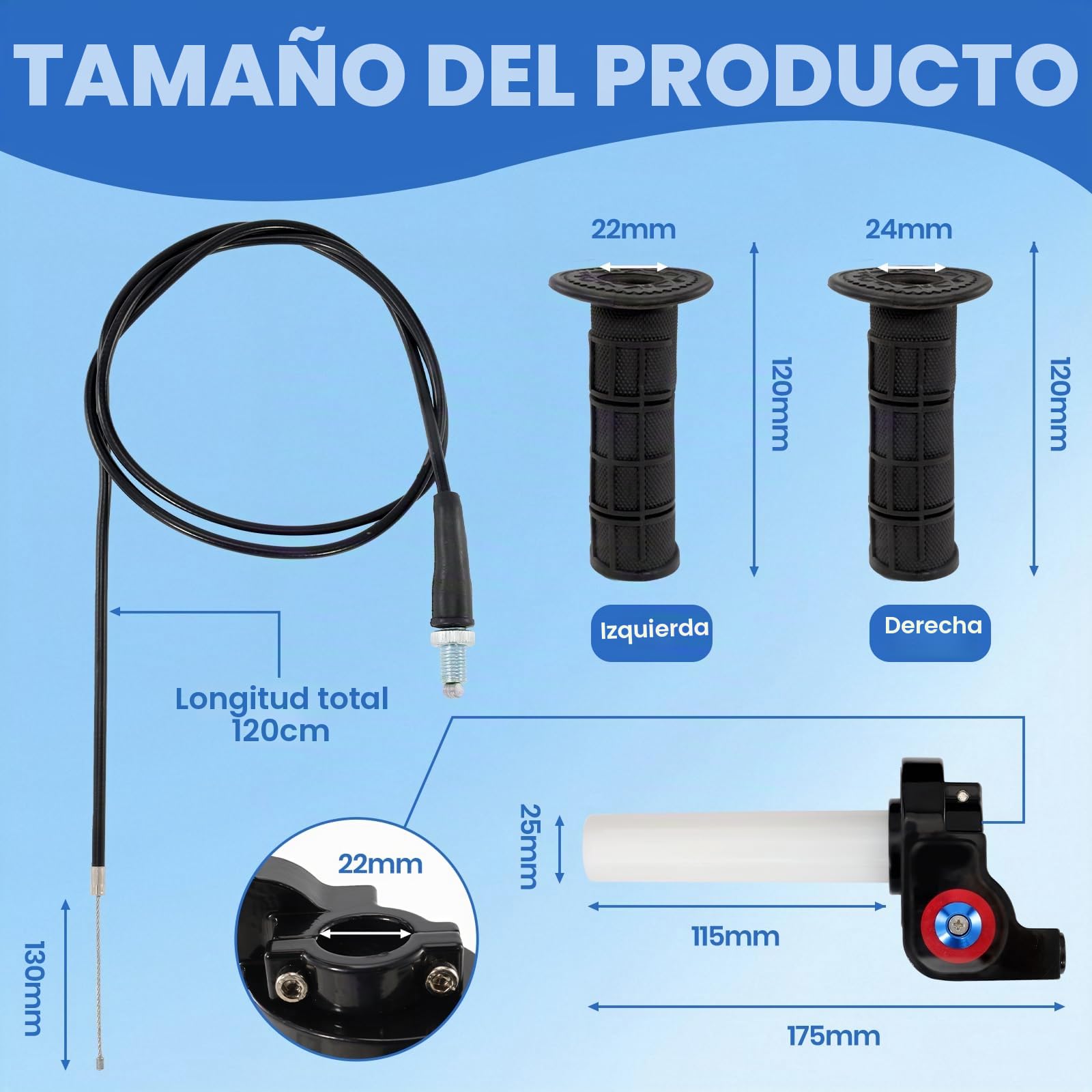 Kit de Empuñaduras de Acelerador de Giro Rápido con Manillar de Aleación de Aluminio y Cable de 1.2m, Empuñaduras Visuales de 7/8 Pulgadas (22mm) para Motocicletas 50cc-200cc, Quad y Pit Dirt Bike