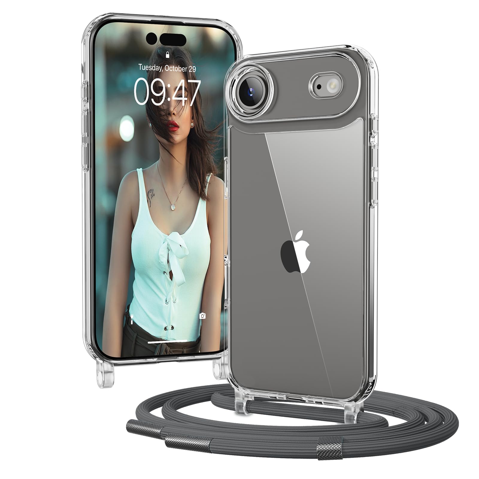 OLEPHY Handykette für iPhone Air Hülle mit Band, Grau | Necklace Handyhülle, Transparente Schutzhülle zum Umhängen [Verstellbarem und Demontage Umhängeband],