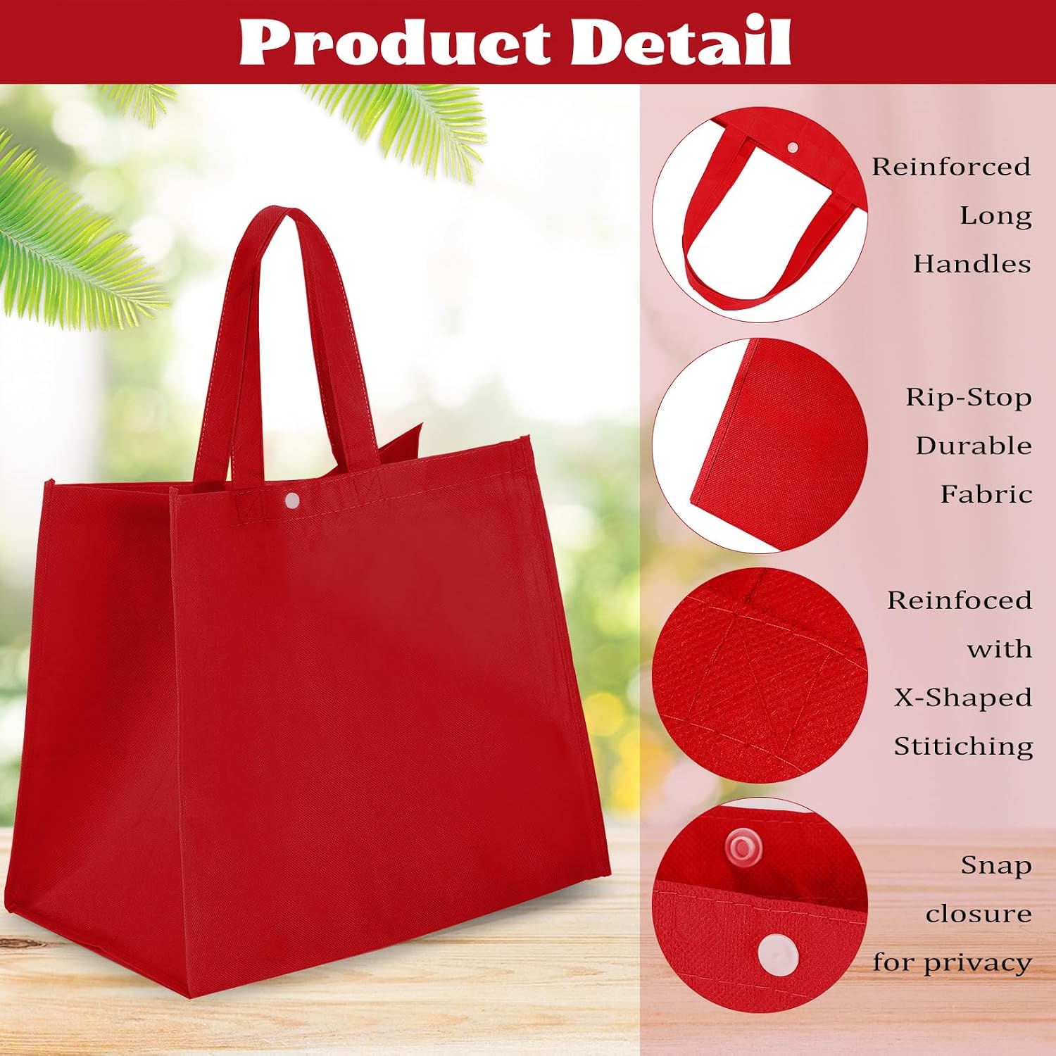 Zhehao 60 Pcs Reusable Grocery Bags Bulk Large Foldable Shopping Tote Bags Non Woven with Handle and Plastic Button(Red) image 4