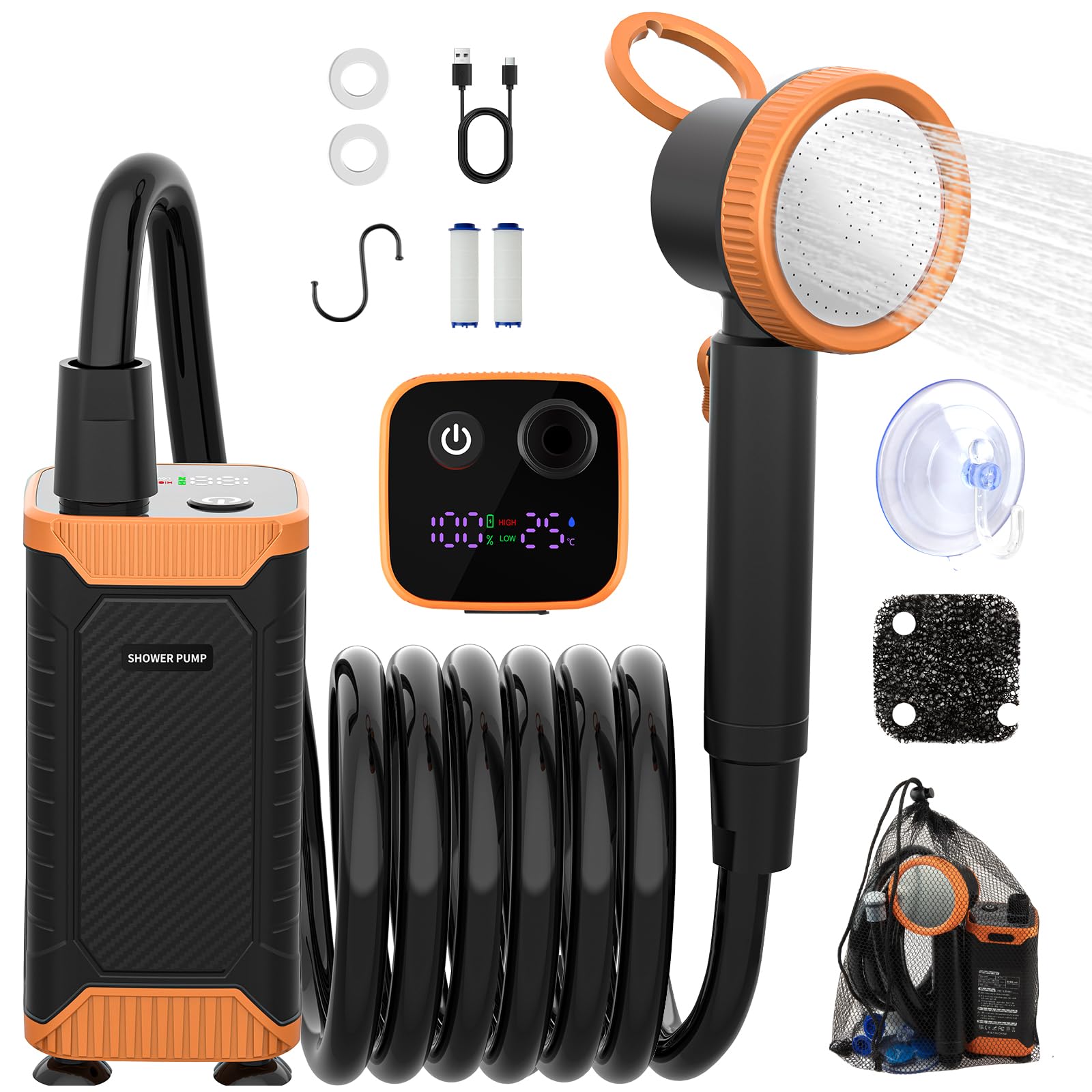 Uplayteck Ducha Portátil con Bomba, 8000mAh Ducha de Camping Portatil Recargable con IPX8 Impermeabilización y con Pantalla Temperatura, Set de Ducha Electrica para Acampar, Viajes y Playa