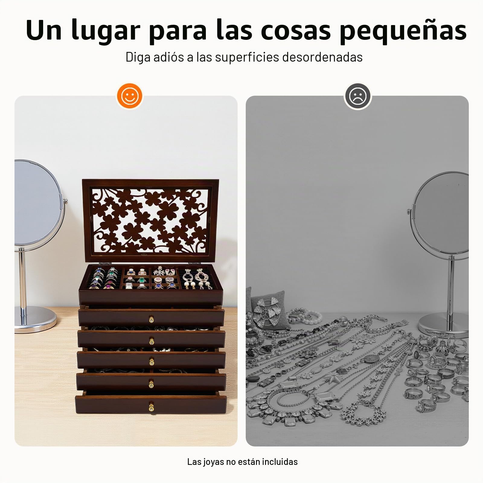 Joyero de madera grande con 6 niveles, caja de joyería con 5 cajones para anillos, pendientes, pulseras, collares, color marrón