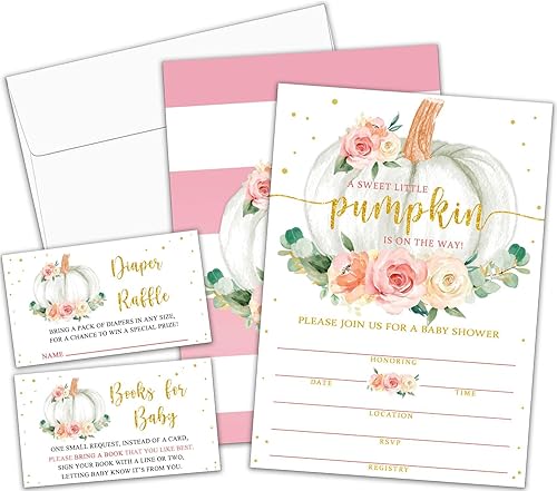 Paquete de 50 invitaciones de calabaza para baby shower, invitaciones con texto en inglés "A Sweet Little Pumpkin Is On The Way", invitaciones de
