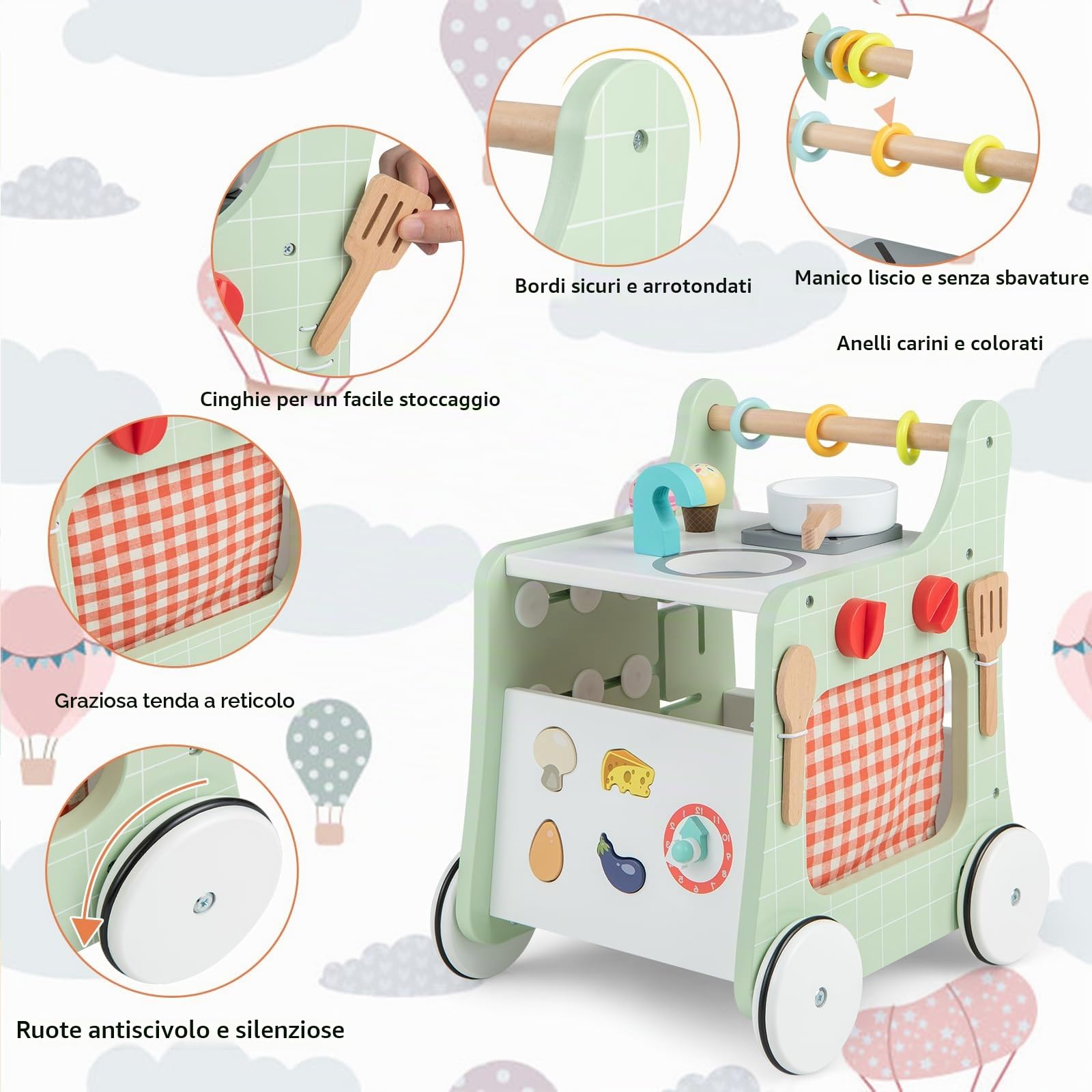 LIFEZEAL Carrello Primi Passi per Bambini 1+ Anni, Cucina Giocattolo, Carrellino da Spinta in Legno, Ruote Silenziose, Multiattività, Educativo, Vano Portaoggetti, Imparare a Camminare, Regalo, Verde