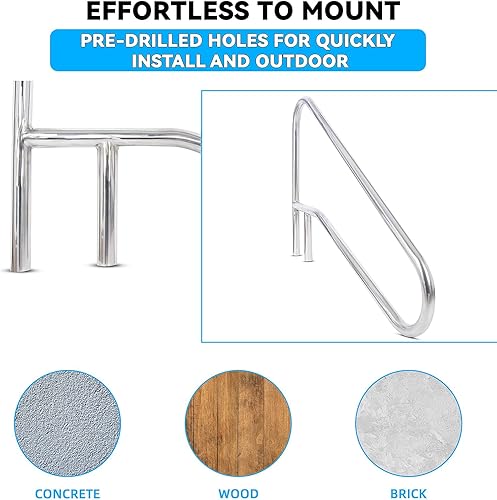 Miniatura 5 de ECOTRIC Pasamanos de piscina Riel de escalera de piscina 49-38 "X35-38 304 de acero inoxidable montado en cubierta cruzada soporte 300Lbs capacidad