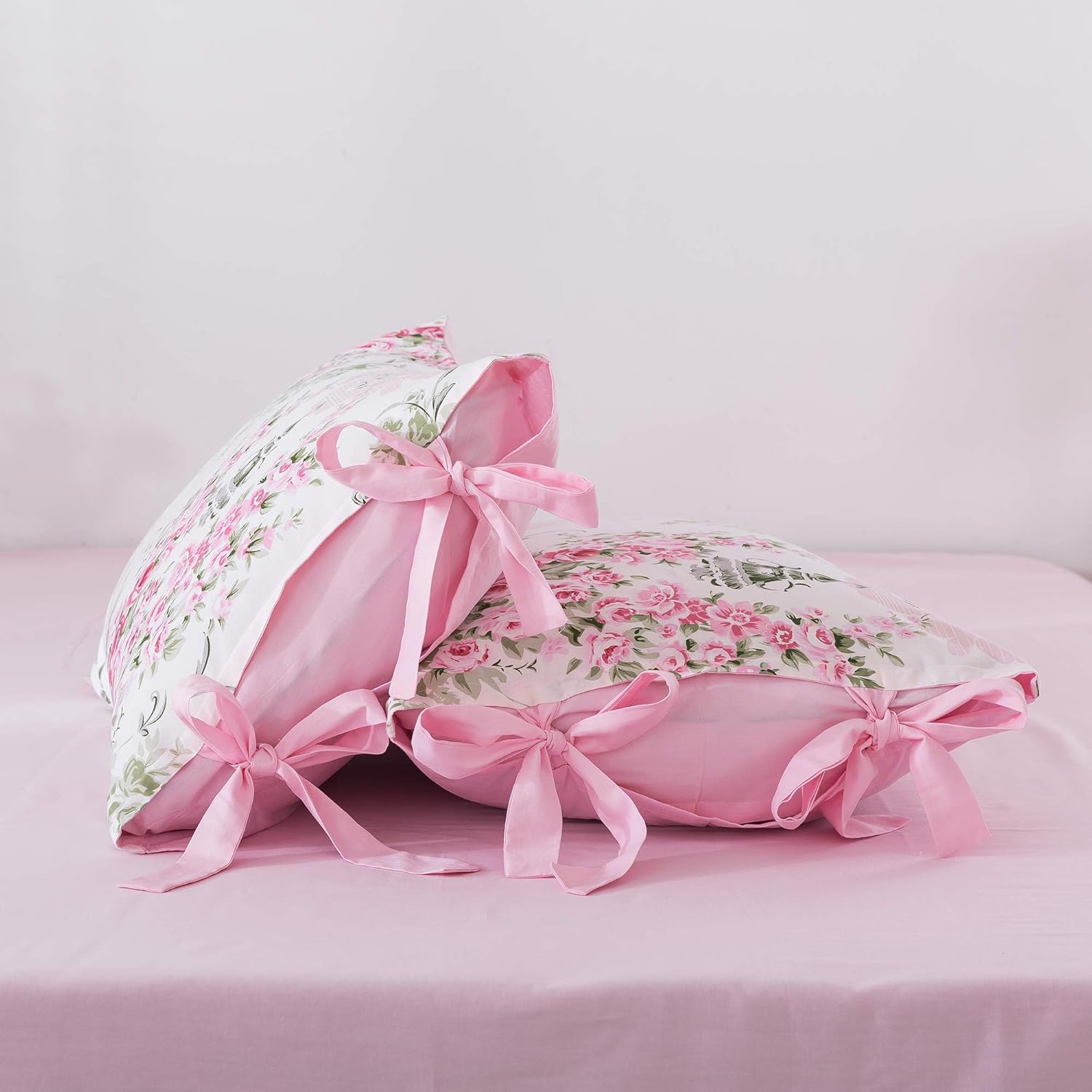 FADFAY Rosette Floral Duvet Cover Sweet Pink Girls Bedding Set 100% Cotton Ultra Soft Bed Sheets Set,7Pcs (1 Duvet Cover +1 Fitted Sheet+ 1 Flat Sheet +4 Standard Pillowcases), Queen Size