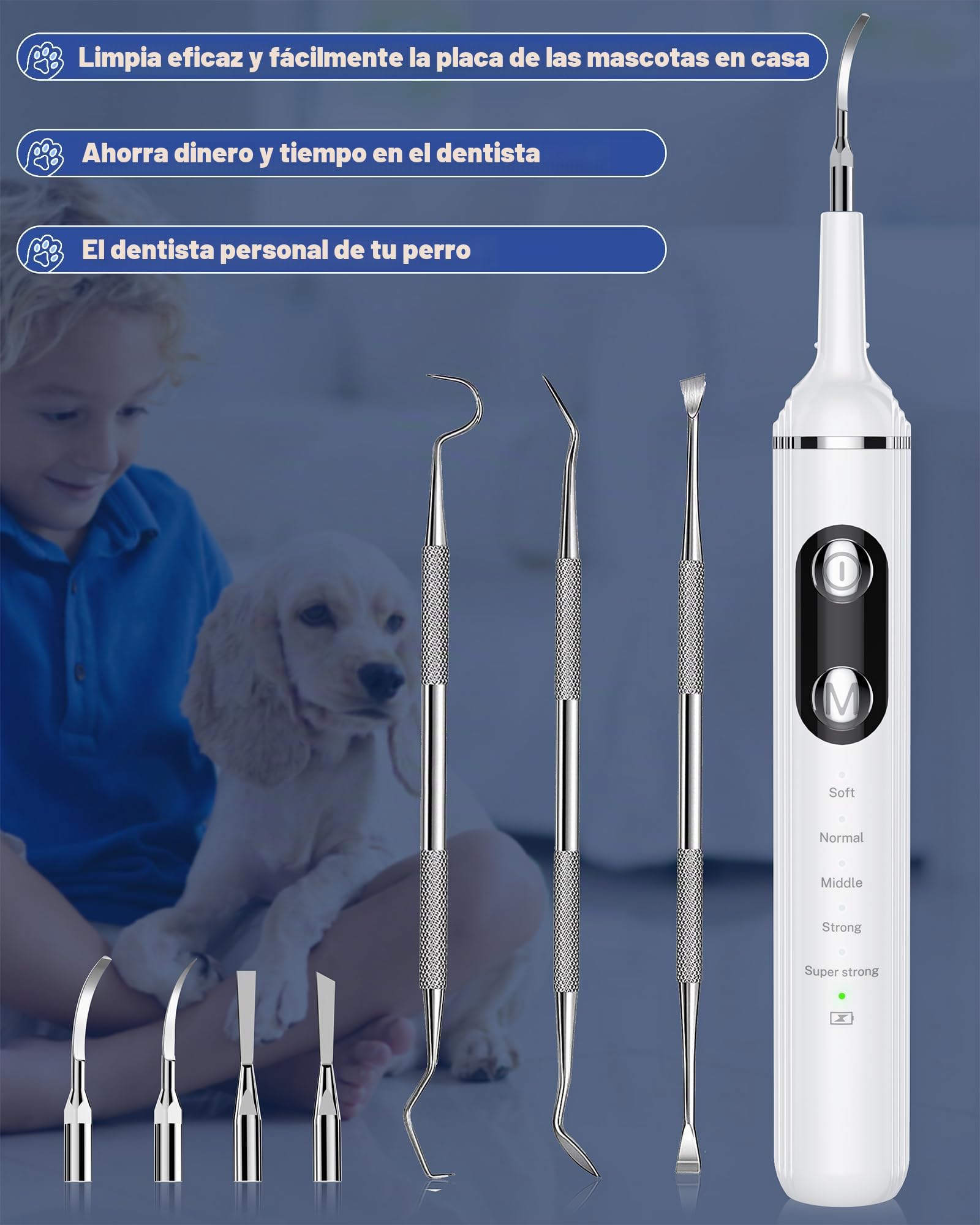 NATURE NERDS Removedor de placa para dientes, kit de cepillado de dientes de mascotas, herramientas dentales para eliminar placa y sarro, seguro para perros y gatos, con luz LED, color blanco