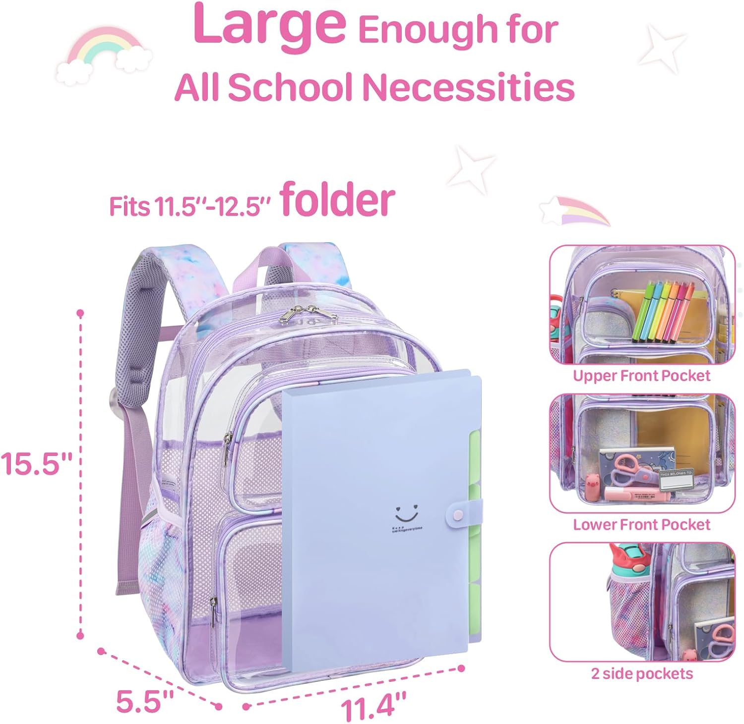 Bagseri Clear Backpack for Girls - 15 Inch Heavy Duty Kids Clear Bookbag for Kindergarten to Grade 2, Transparent School Bag with Reflective Strip, Fits Folders, Purple Tie-dye - Image 3