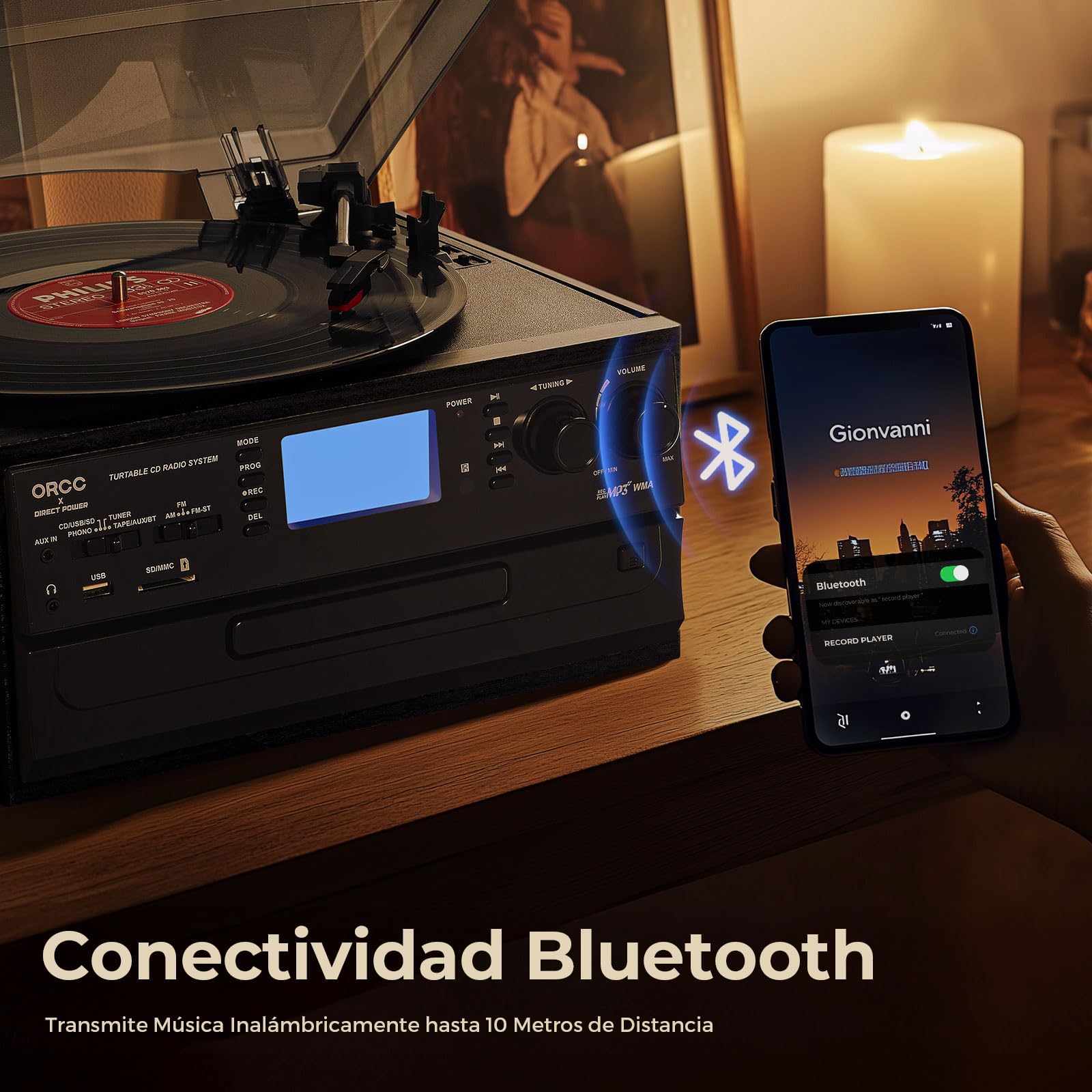 ORCC Tocadiscos Moden 10 en 1, con Tarjeta de Regalo, Tocadiscos de Vinilo para 33/45/78 RPM, reproducción y grabación de CD/USB/SD, Bluetooth y Control Remoto, Radio FM/Am para Amantes de la música