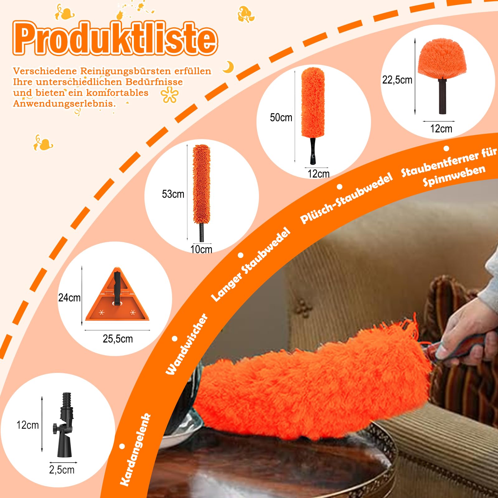 LAANPOLE 7,2m Staubwedel Teleskop, 6 Stück Spinnwebenbesen mit Teleskopstiel, Profi Fensterputzer Set und Fliesenwischer, Waschbar Staubwedel Lang Ausziehbar für Decken, Lücken, Deckenventilatoren