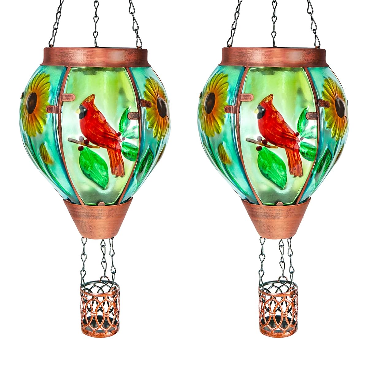 2 Pack Solar Hot Air Balloon Lantern With Flame, Cardinal Glass Solar Hanging