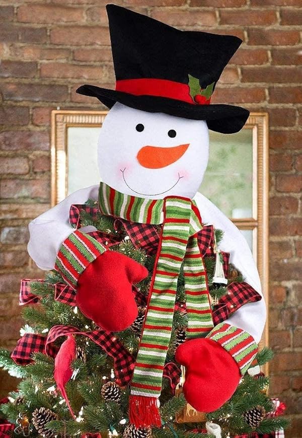 Christmas Tree Topper Snowman Top Hugger for Xmas Tree Holiday Decorations Winter Wonderland Decoration New Year Decorations Ornament with Hat Shawl and Poseable Arms by BLOVEing - Used condition - US$8.28