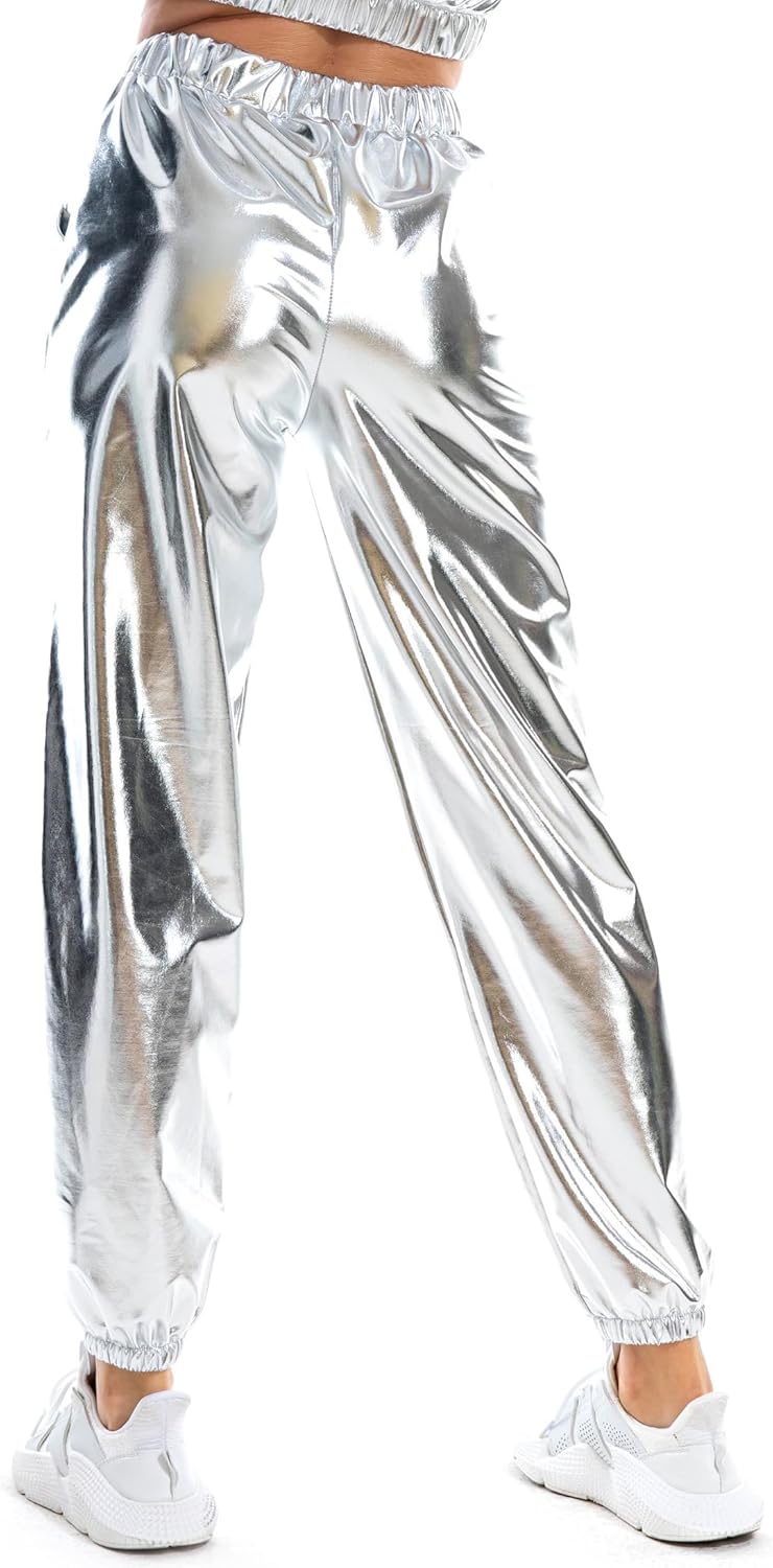 Women's Metallic Shiny Jogger Casual Holographic Color Streetwear Pants Hip Hop Fashion Smooth Elastic Trousers - Image 2