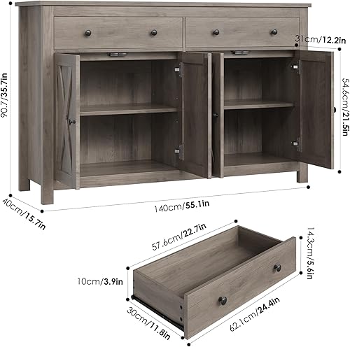 Miniatura 3 de FOTOSOK Aparador de buffet con almacenamiento, armario de almacenamiento de cocina grande de 55 pulgadas con 2 cajones y 4 puertas, gabinete de