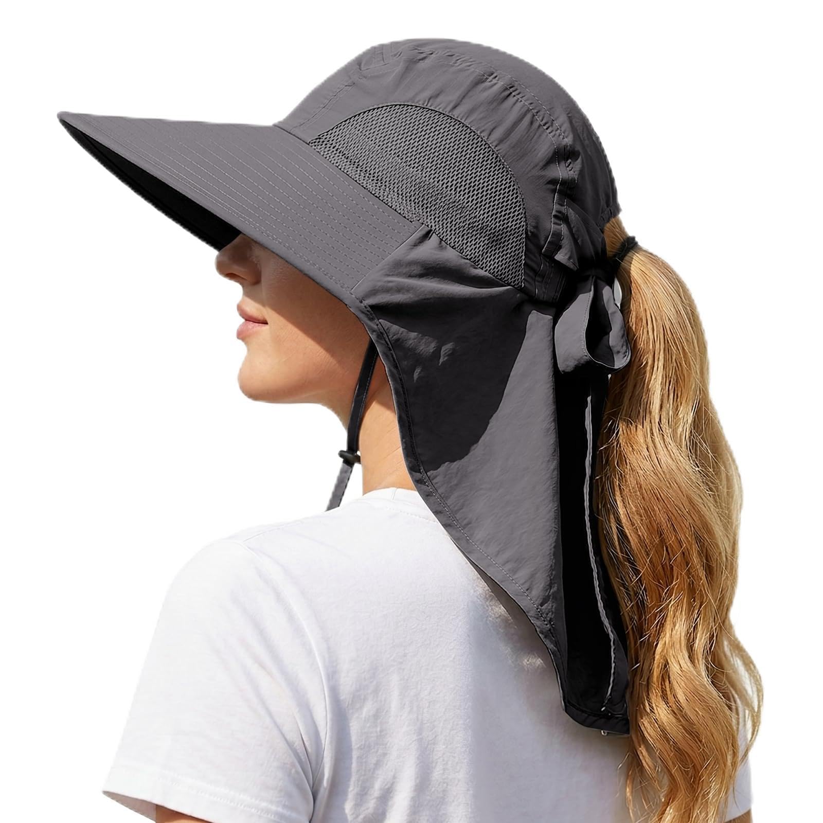 DRESHOW Outdoor Wide Brim Sun Hat with Neck Flap for Women UPF 50+ Foldable Adjustable Breathable Mesh UV Protection Beach Fishing Hats with Ponytail Hole