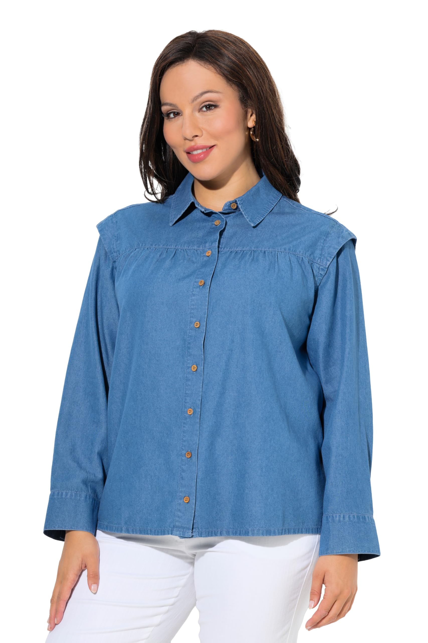 Ulla Popken Damen große Größen Übergrößen Plus Size Jeansbluse, Schulterbetonung, Hemdkragen, Langarm 848001