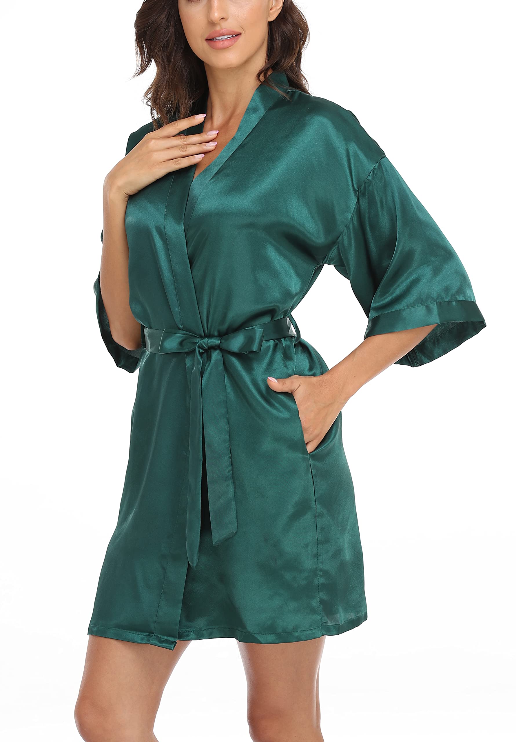 Womens Short Satin Robes Pure Kimono Bride Bridesmaid Bathrobe Silky Getting Ready Robe Soft Sleepwear