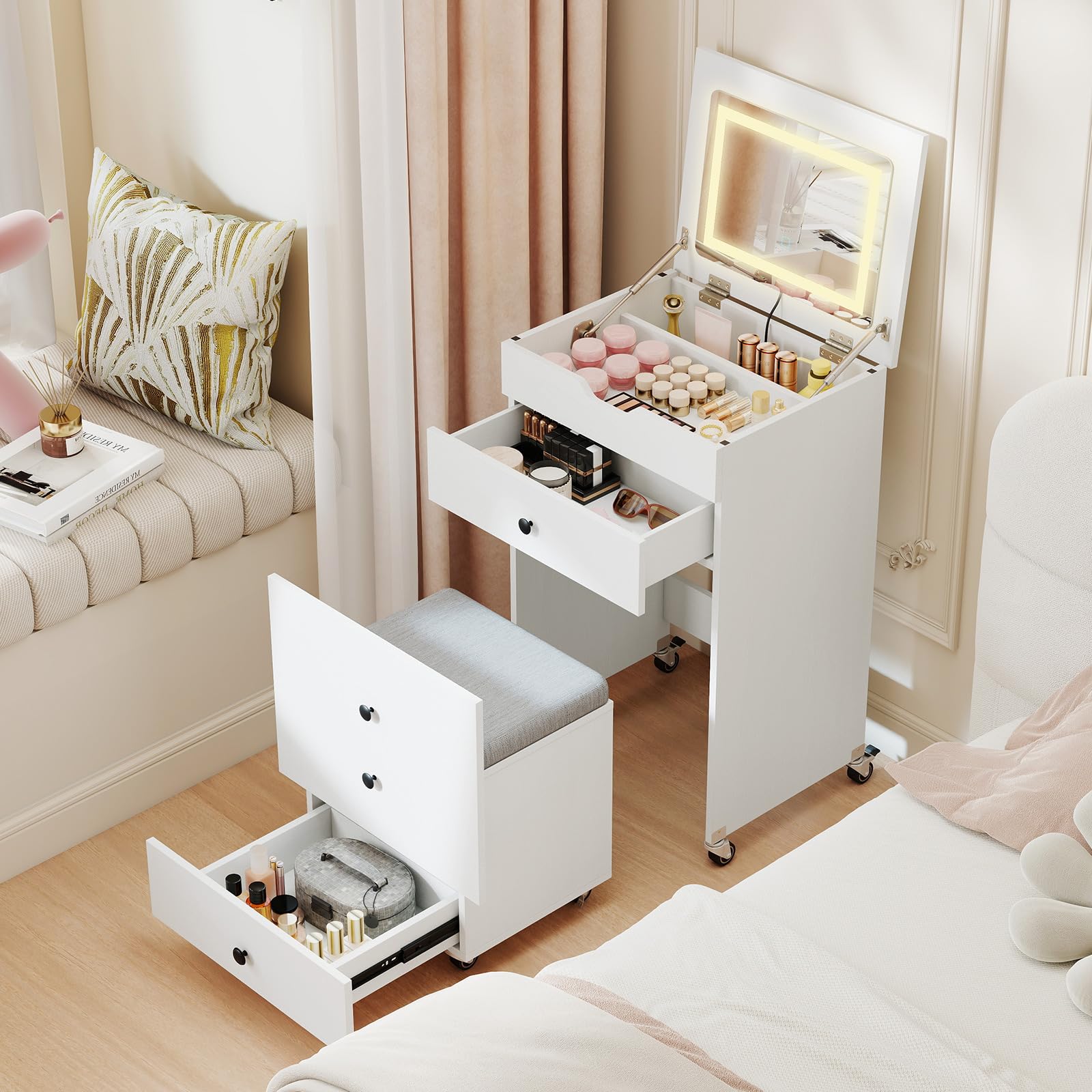 COSTWAY 3 in 1 kleines Schminktisch Set auf Rollen, Kosmetiktisch mit Klappspiegel, Beleuchtung, Schubladen & gepolstertem Hocker, kompakte Schminkkommode Set für kleine Räume, Weiß