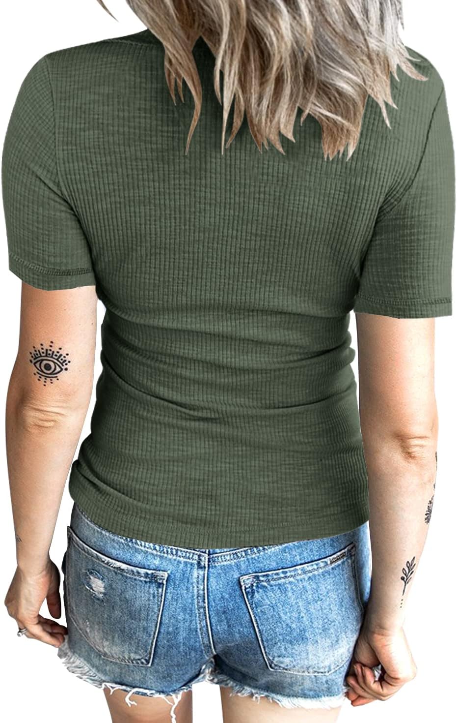 KINLONSAIR Women’s Short Sleeve Henley T Shirts Button Down Slim Fit Tops Scoop Neck Ribbed Knit Shirts - Image 2