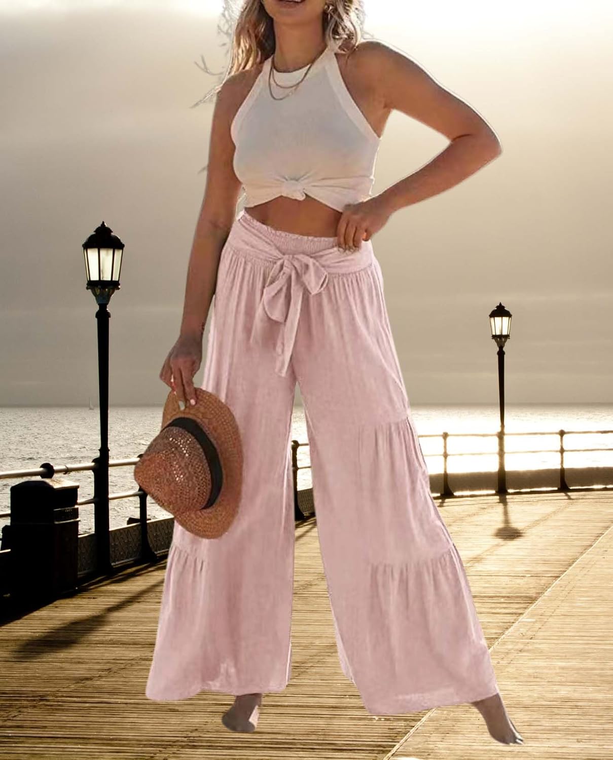 High Waisted Wide Leg Pants for Women Summer Cotton Linen Beach Trousers Trendy Vacation Solid Color Plus Size Pants